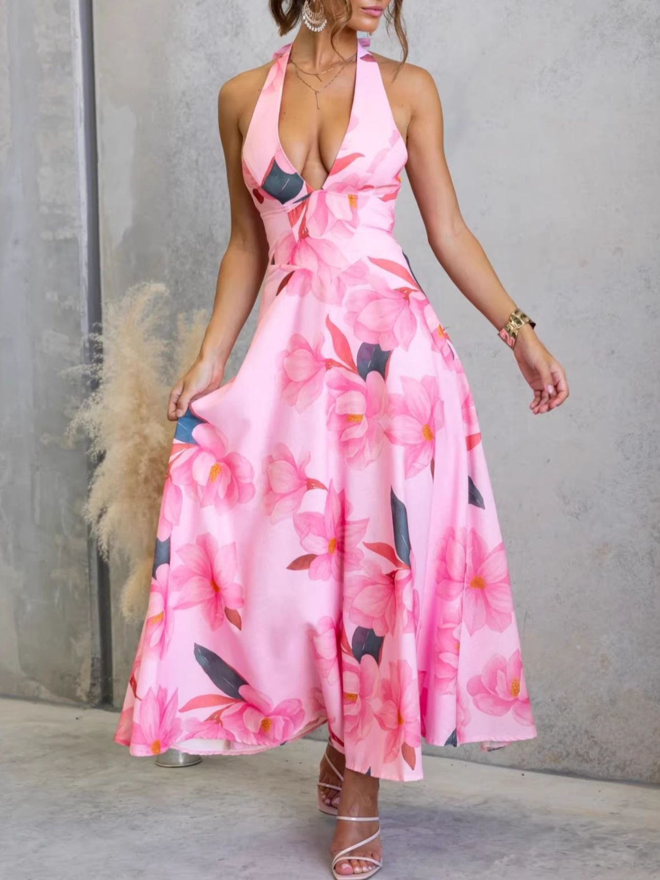 Floral Print Halter Neck Maxi Dress