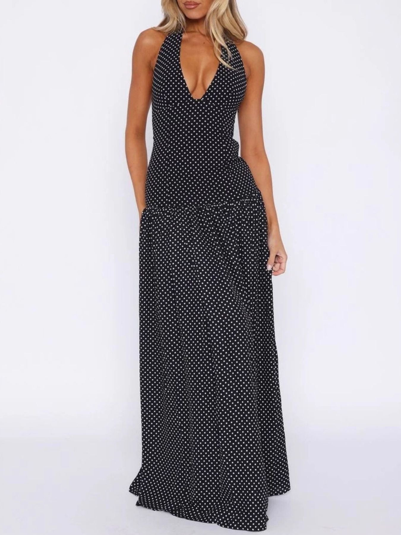 Polka Dot Halter Neck Maxi Dress