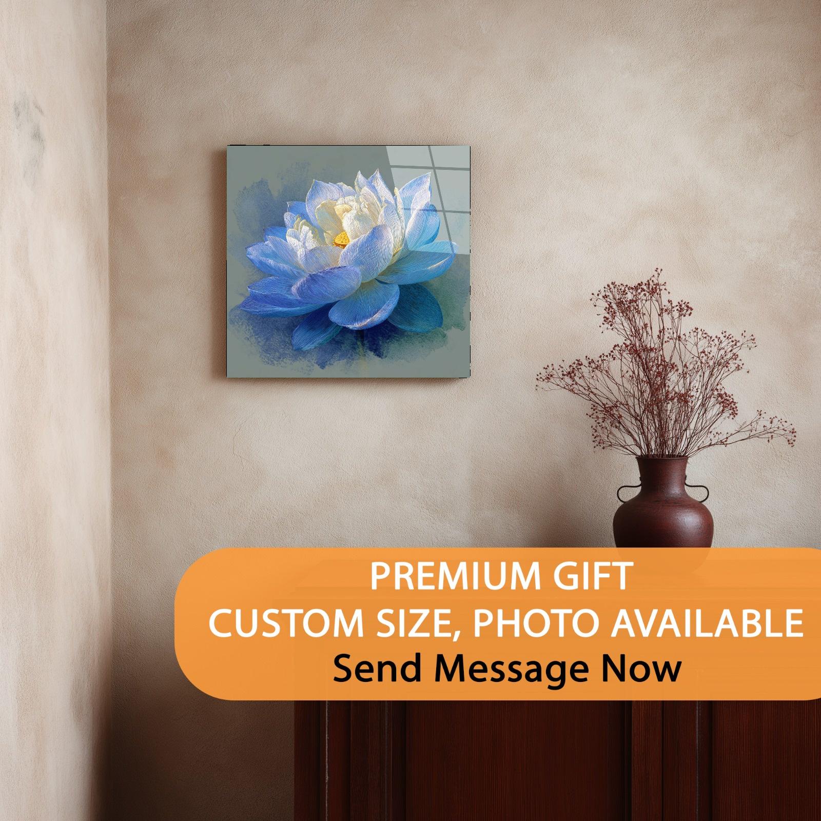 Blue Lotus Tempered Glass Wall Art | Zen Floral Home Decor