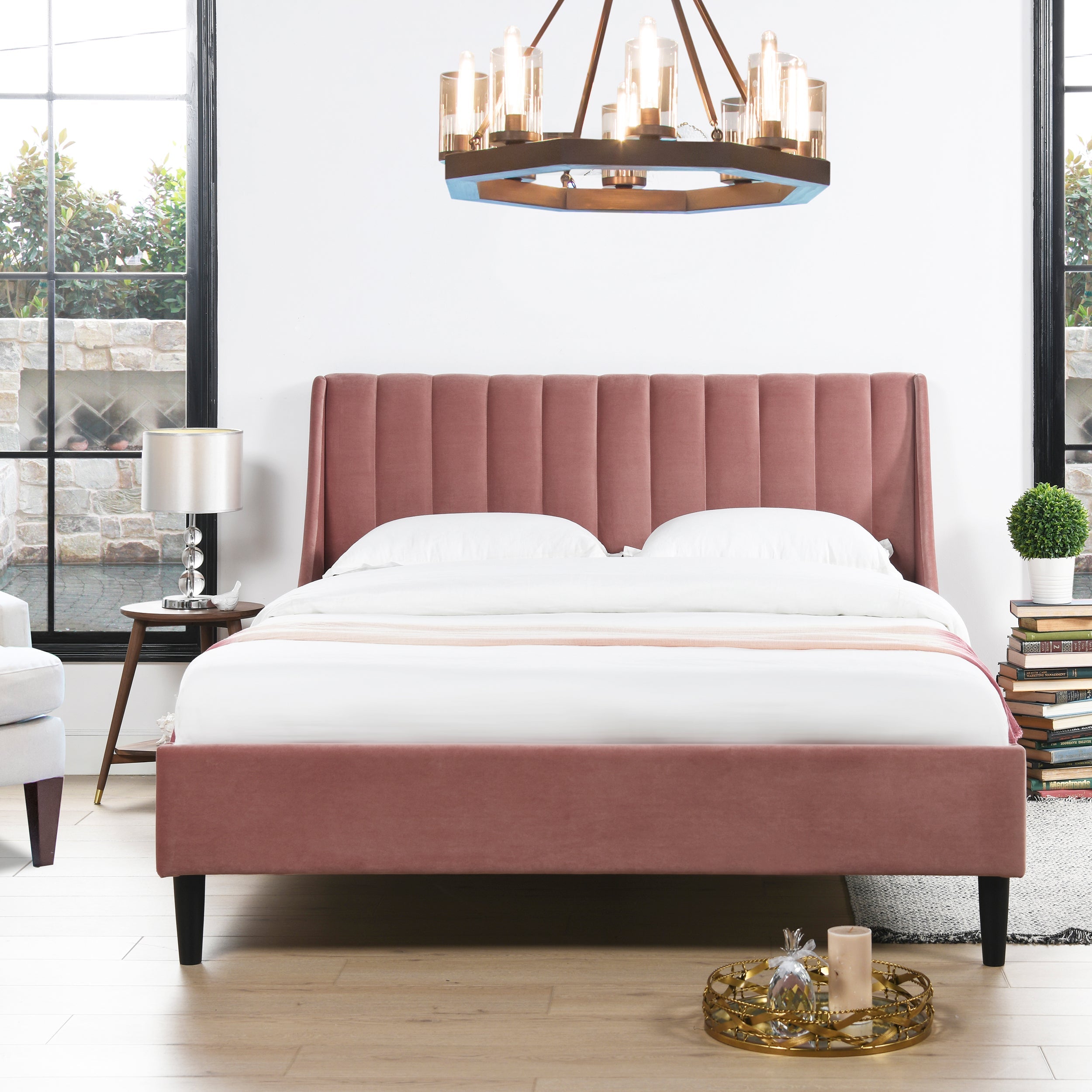 Aspen Vertical Tufted Headboard Platform Bed Set, Queen, Ash Rose