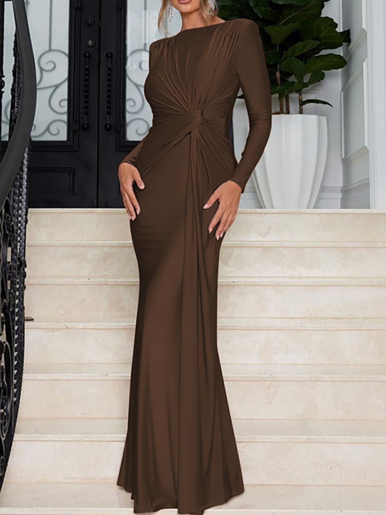Ruched Knot Front Long Sleeve Maxi Dress