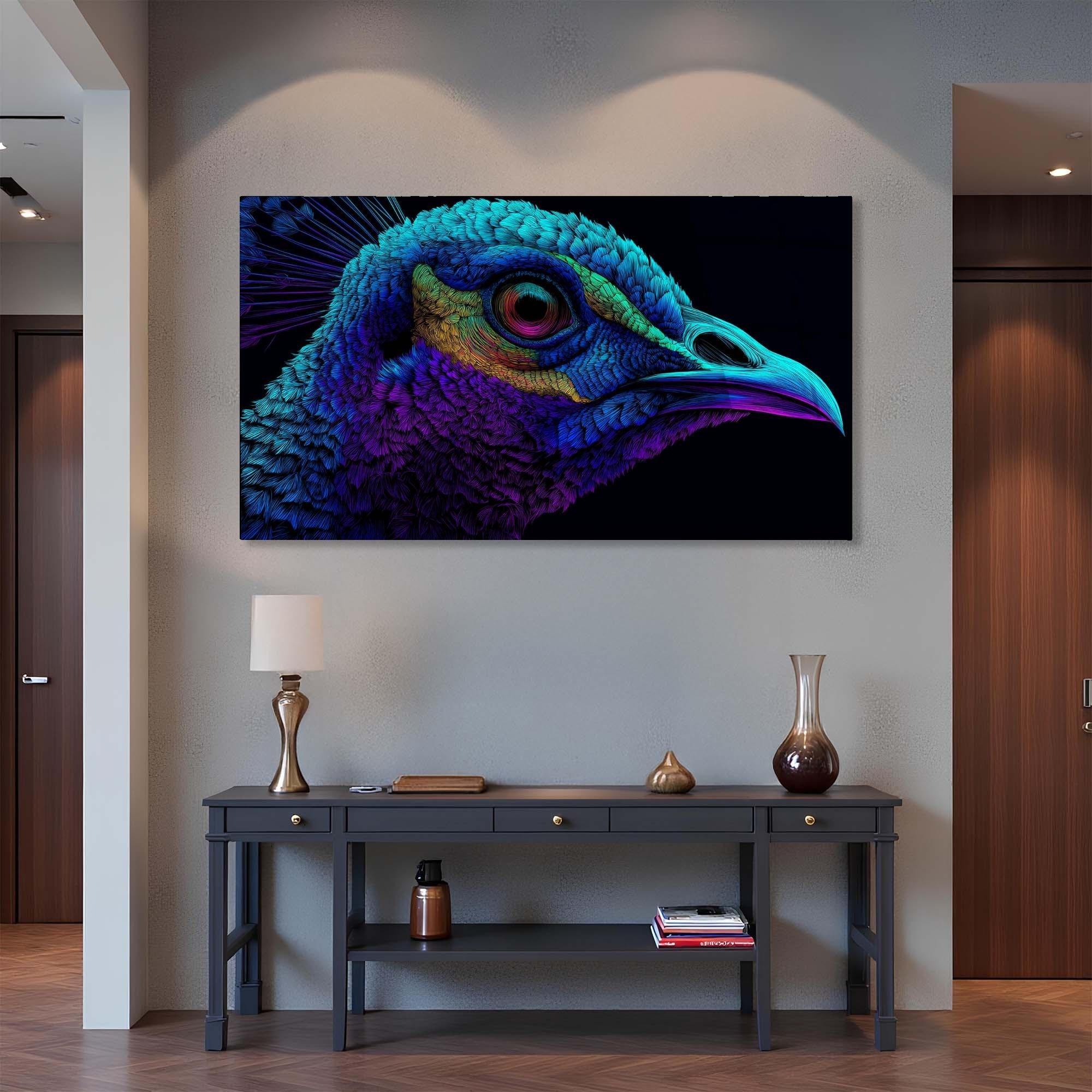 Neon Peacock Portrait Tempered Glass Wall Art | Custom Large Glass Wall Decor for Living Room