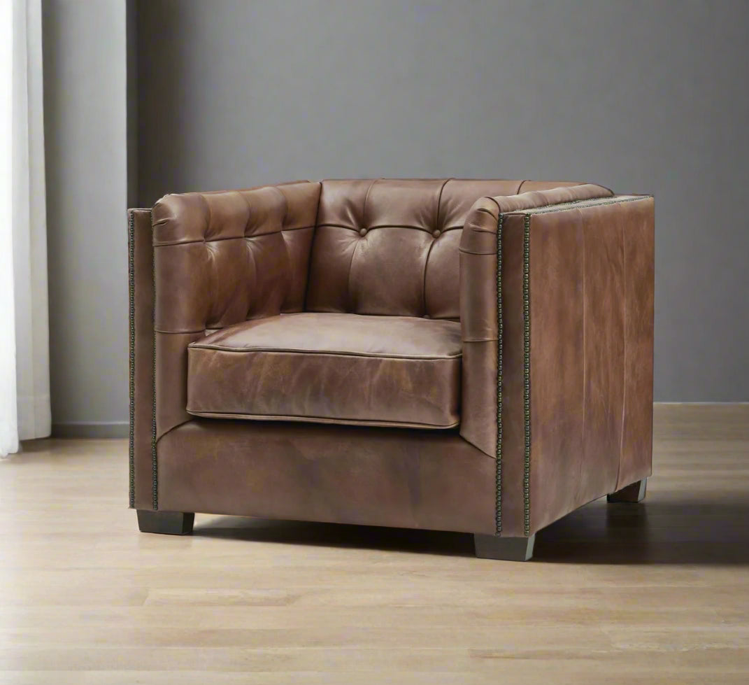 Tuxedo Leather Arm Chair - Bark Brown