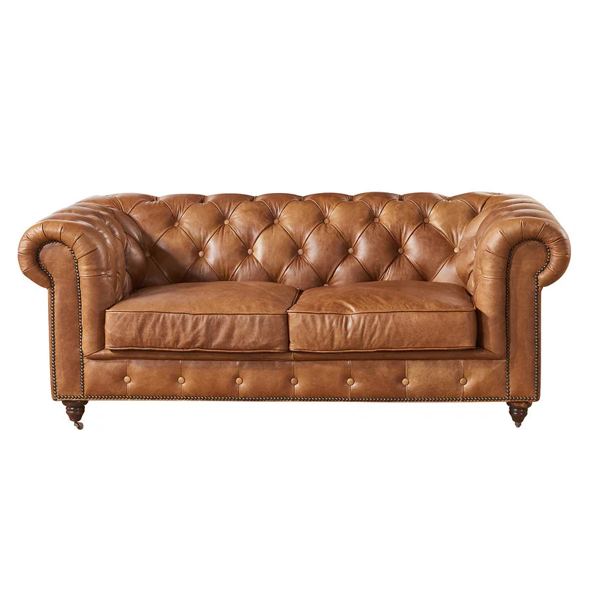 Century Chesterfield Love Seat - Light Brown Leather