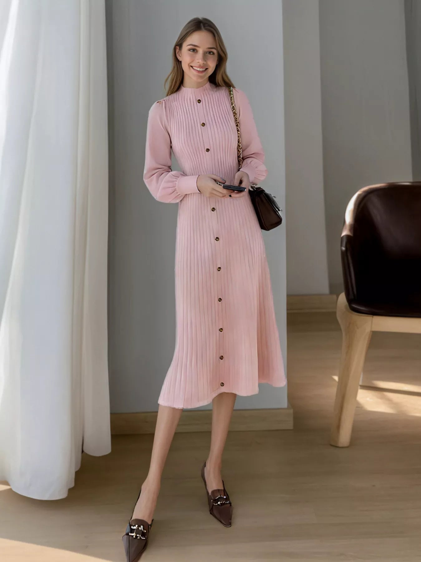 Ribbed Knit Mock Neck Midi Dress