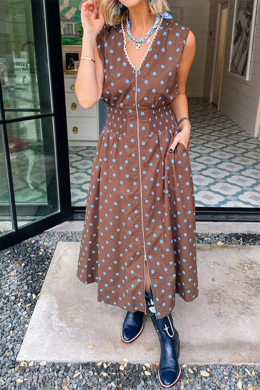 Polka Dot Zipper Front Midi Dress