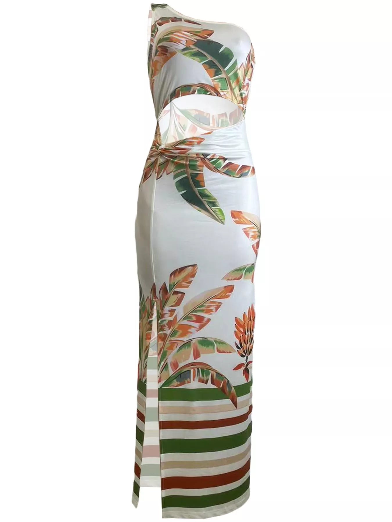 Tropical Print One-Shoulder Cut-Out Maxi Dress