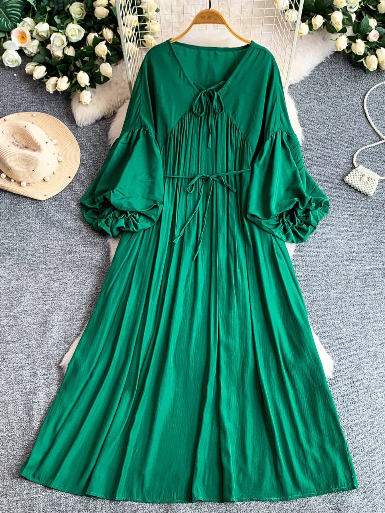 Balloon Sleeve Tie-Waist Dress