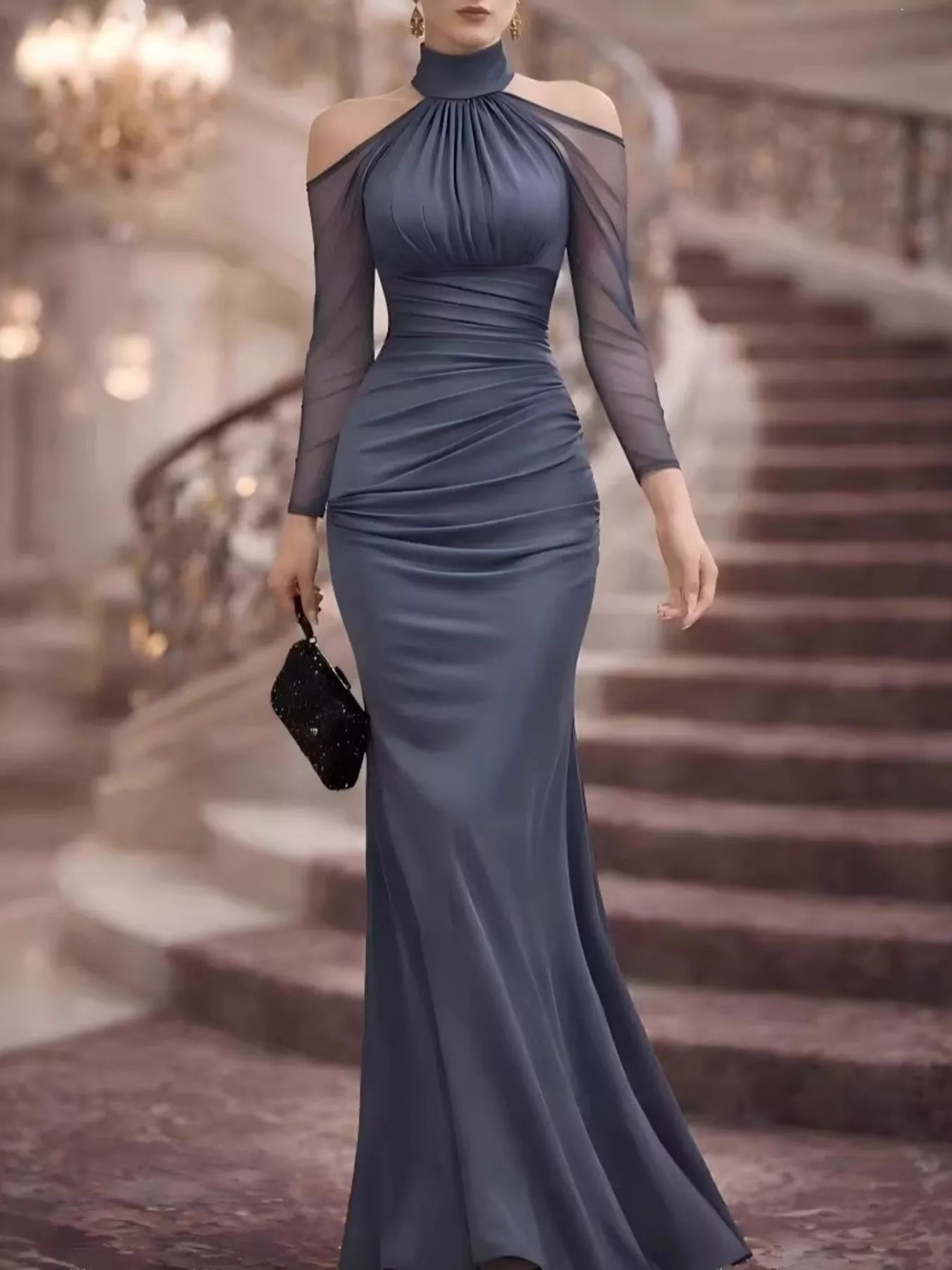 Cold Shoulder Mesh Sleeve Maxi Dress