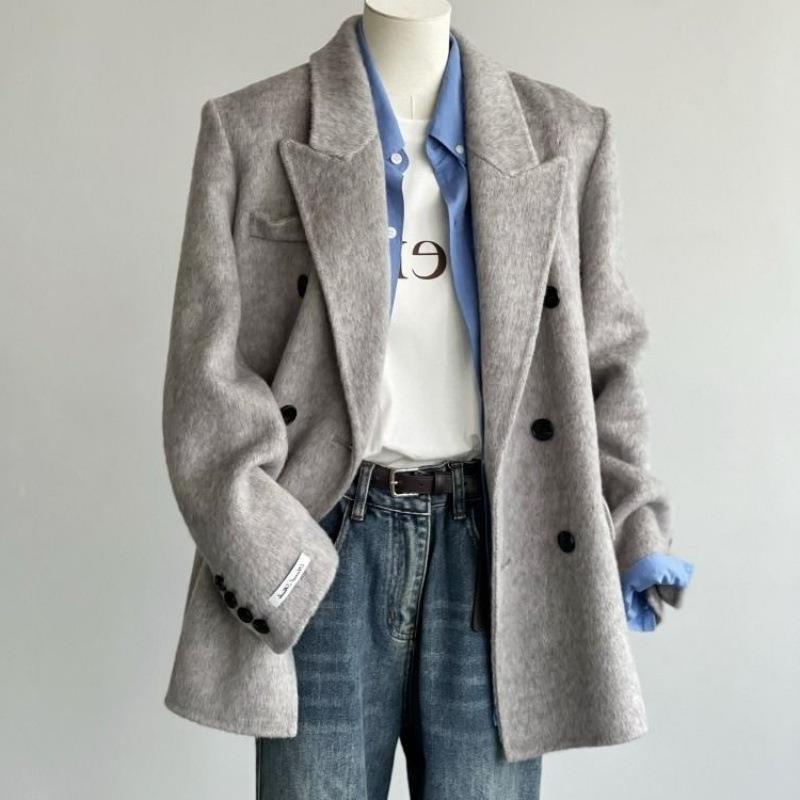 Womens Solid-Color Short Loose-Fit Double-Faced Cashmere Coat