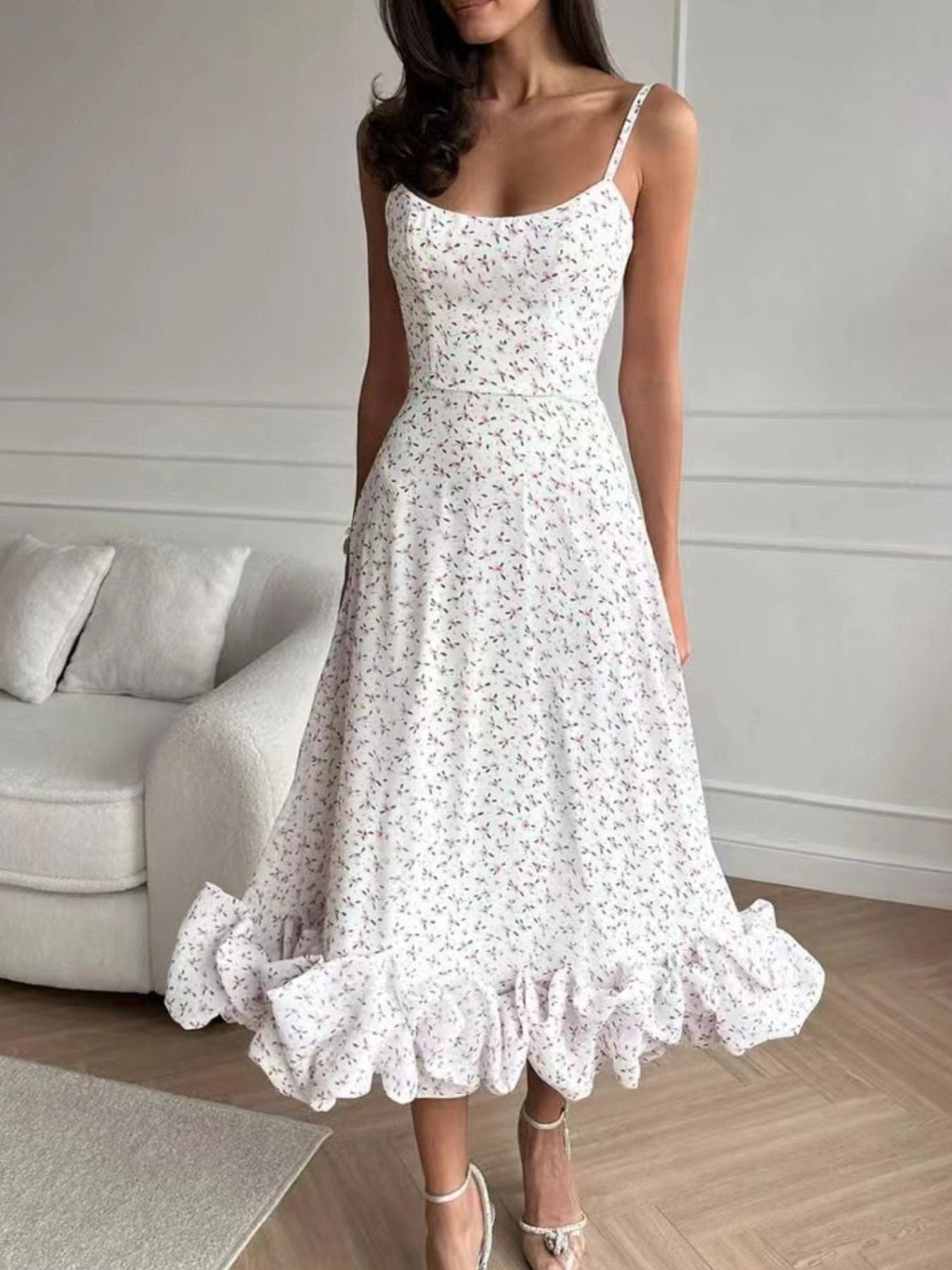 Floral Print Ruffle Hem Spaghetti Strap Midi Dress