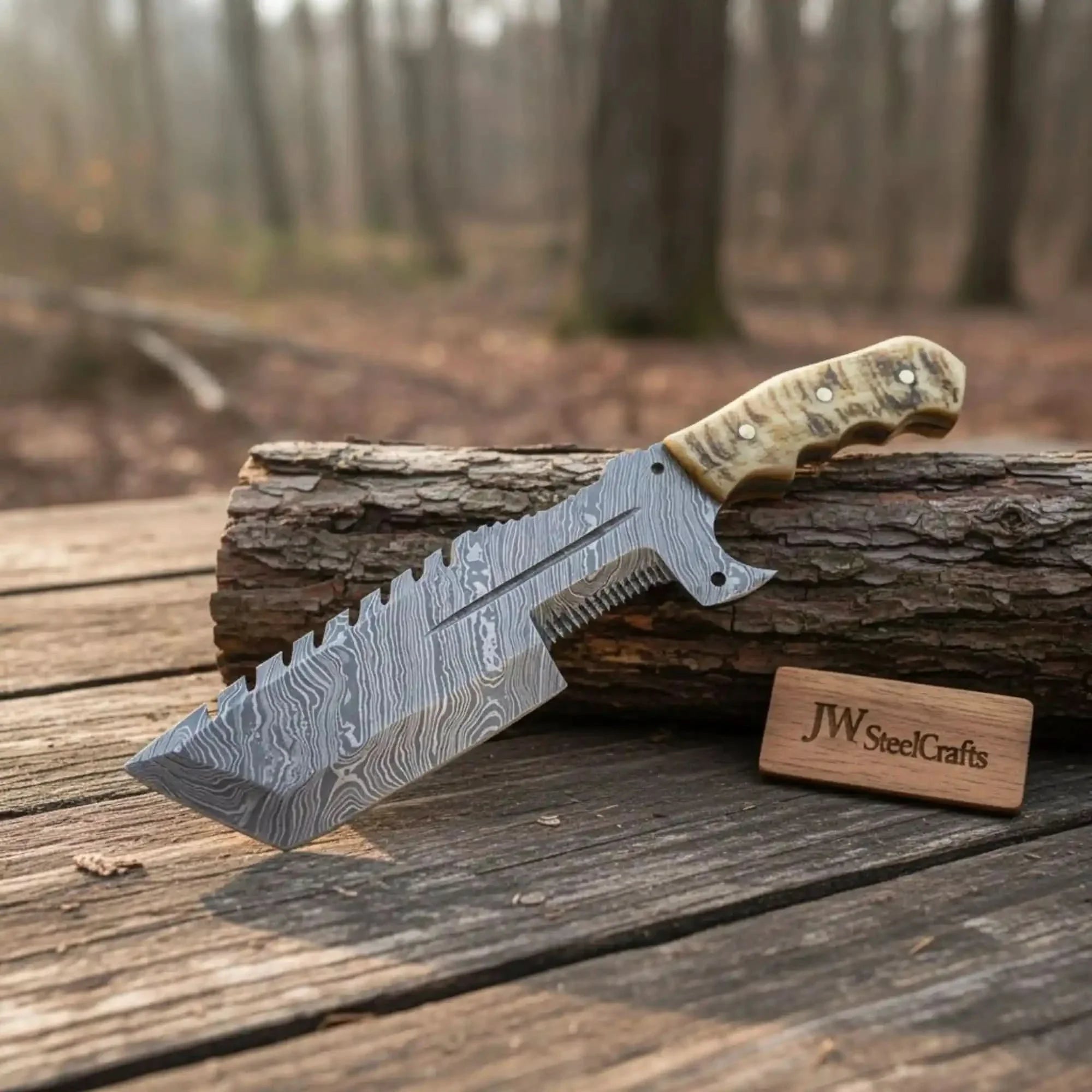 12.5" Full Tang Damascus Camotrail Tracker Knife Ram's Horn Leather Sheath