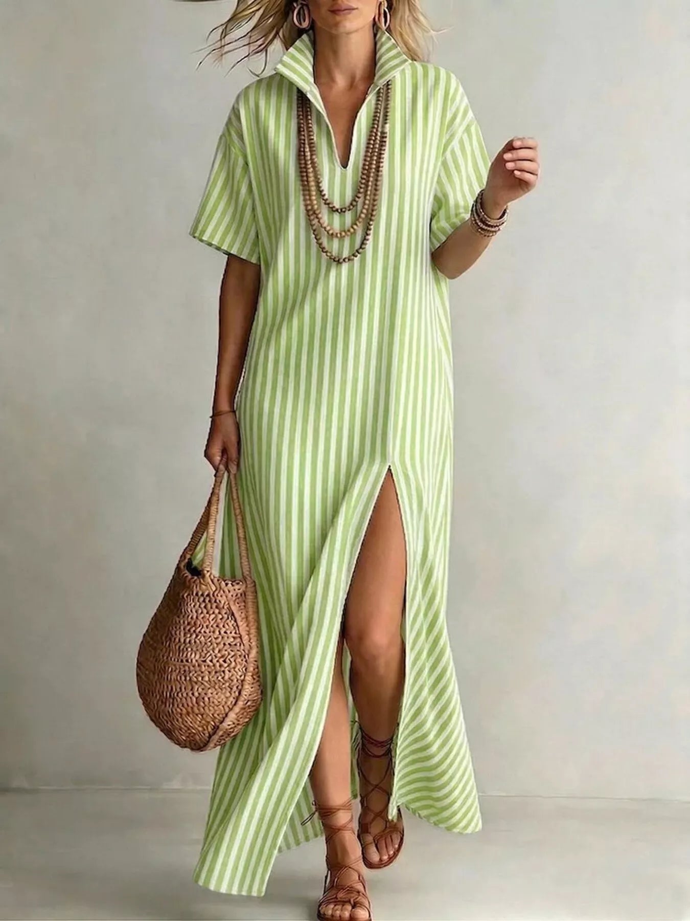 Striped High Slit Maxi Shirt Dress