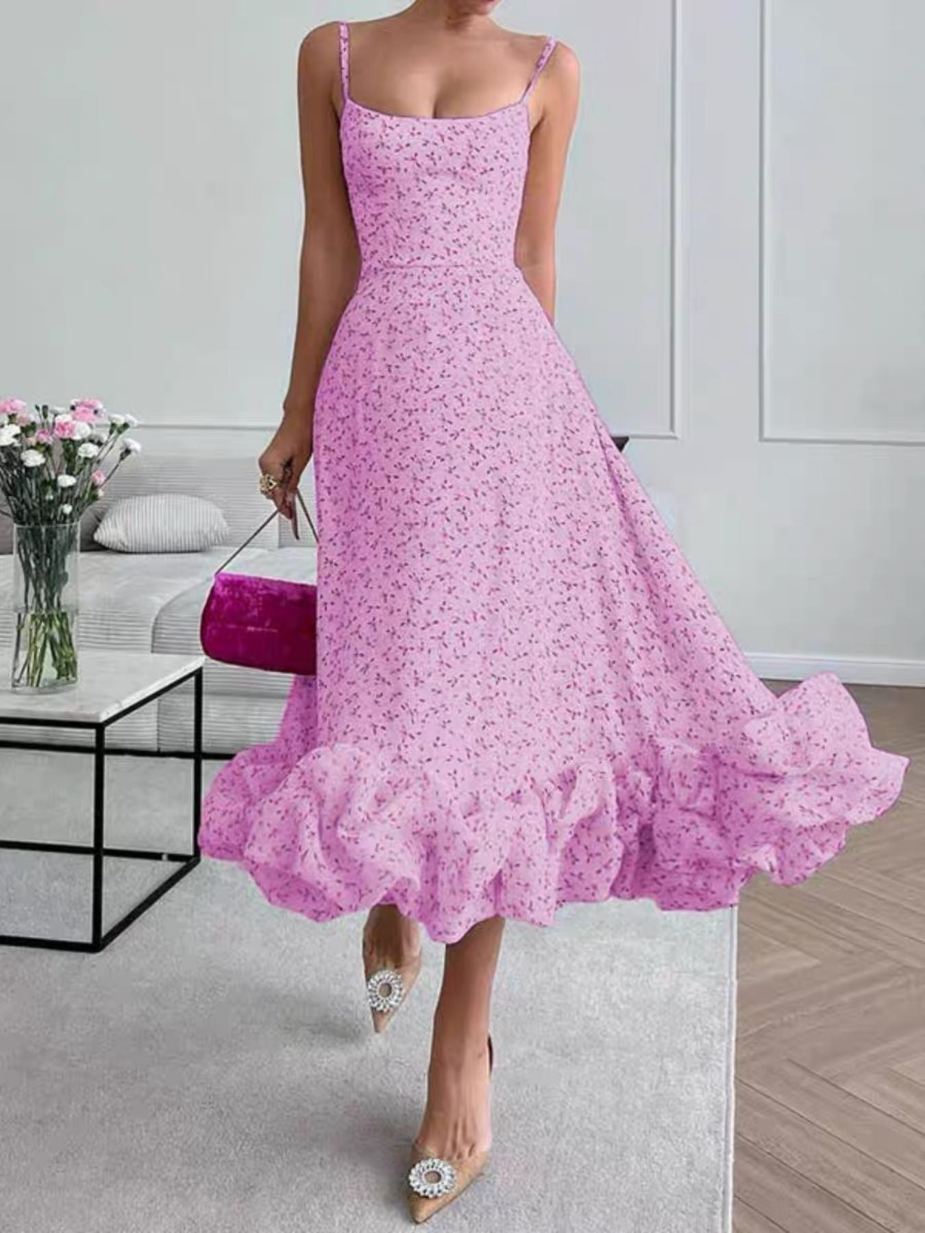 Floral Print Ruffle Hem Spaghetti Strap Midi Dress