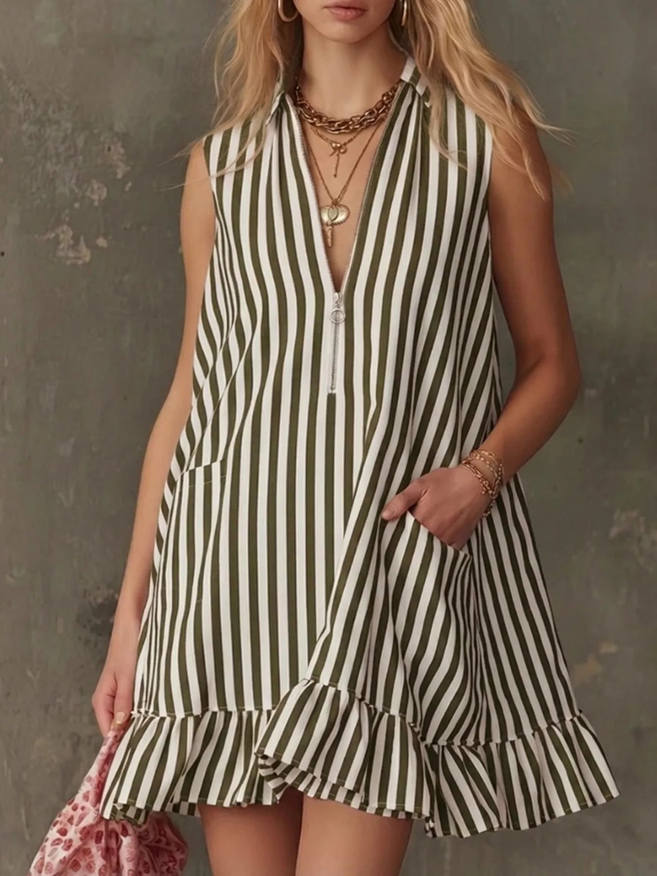 Striped Zipper Neck Ruffle Hem Dress