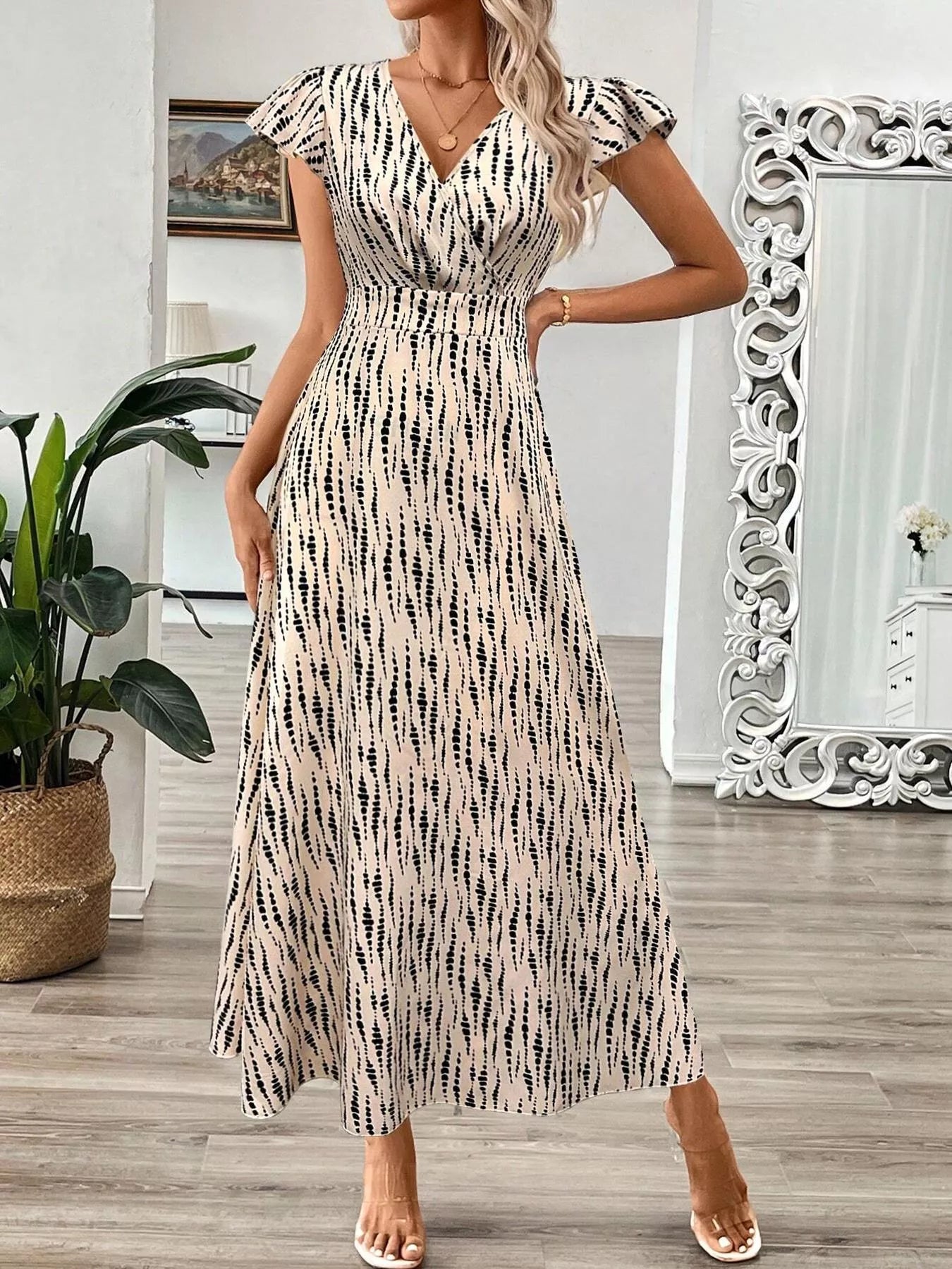 Surplice Cap Sleeve Midi Dress
