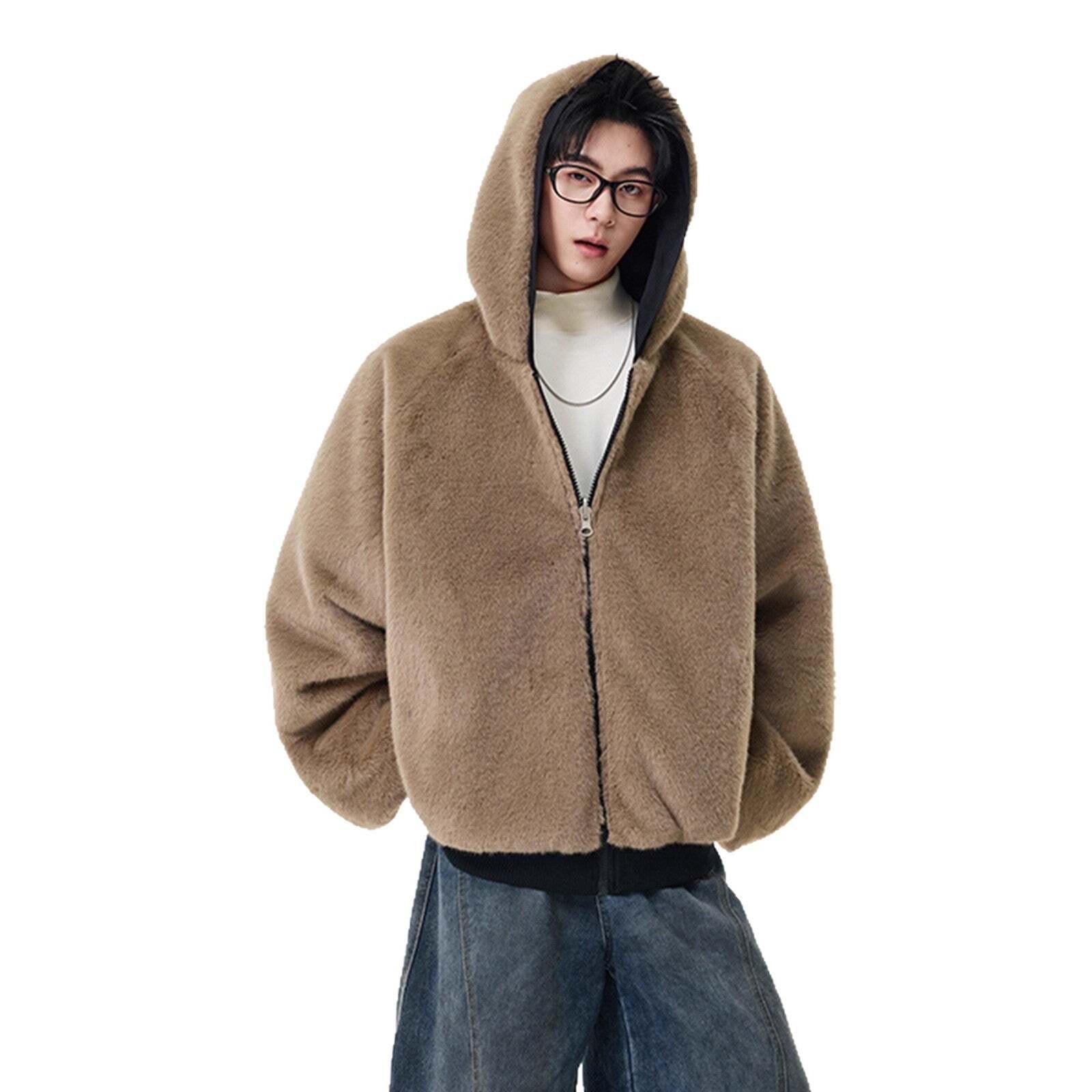 Reversible Faux Rabbit Fur Lined Cotton Coat for Men Winter Fashion Brand Loose Premium Thick Warm Hooded Cotton Jacket
