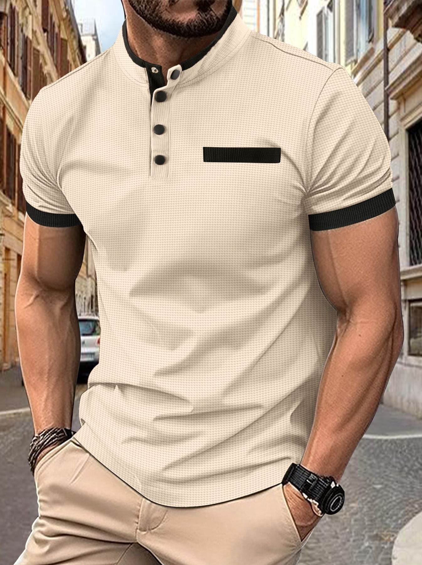 POLO Men's Checkered Stand Collar Polo Shirt