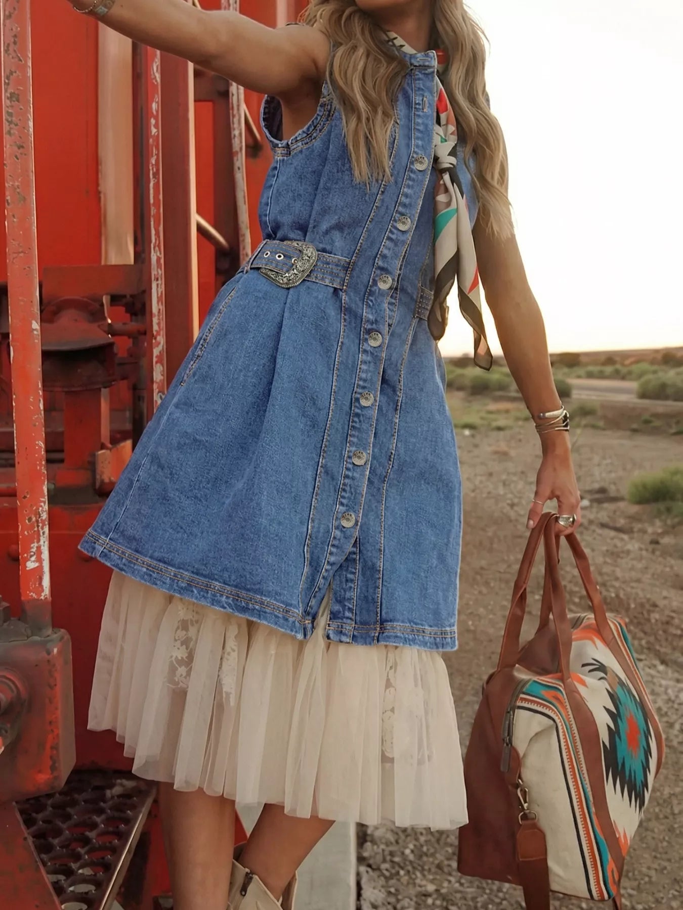 Western Belt Button Down Sleeveless Denim Short Dress