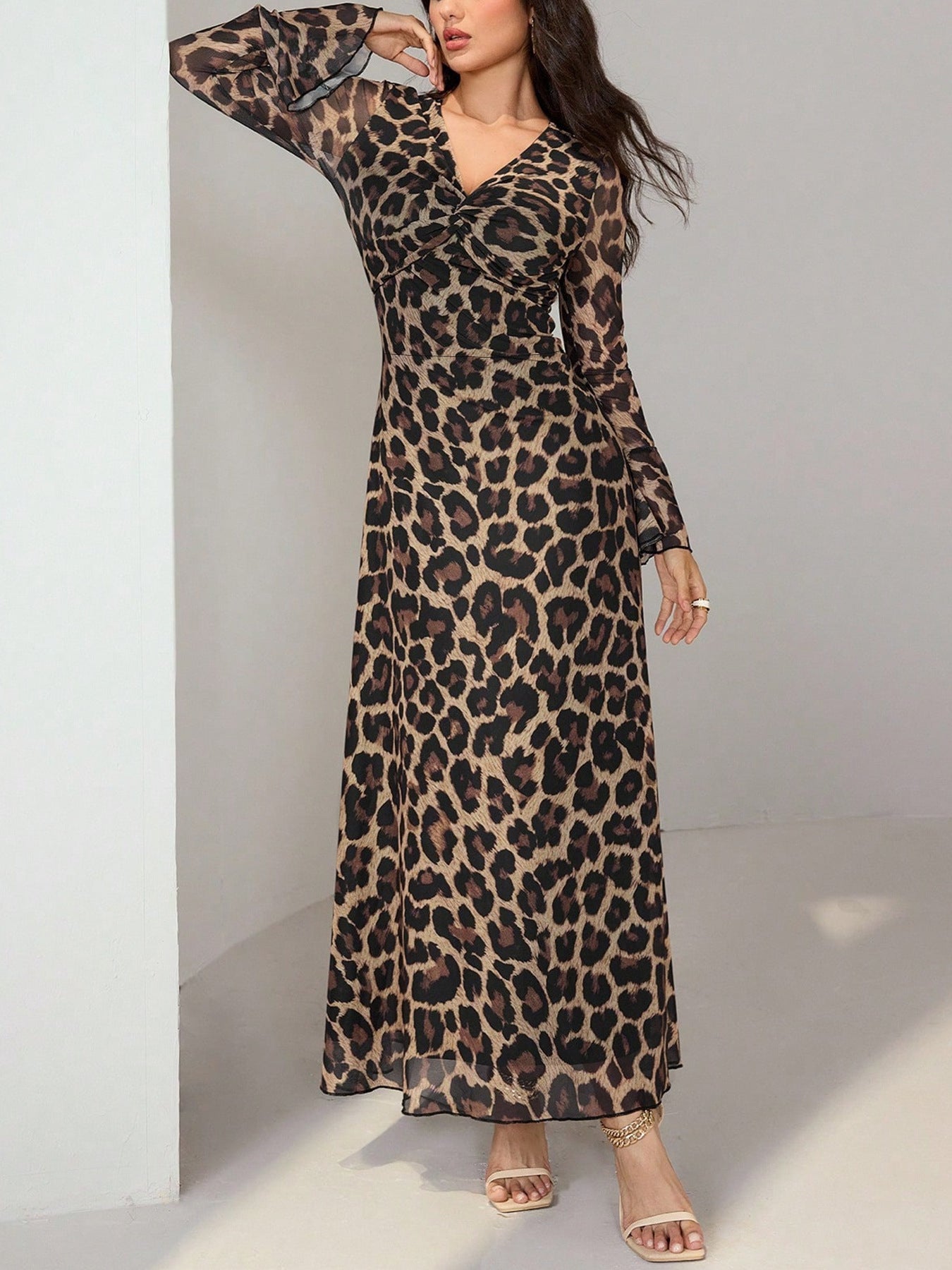 Leopard Print Flare Sleeve Maxi Dress