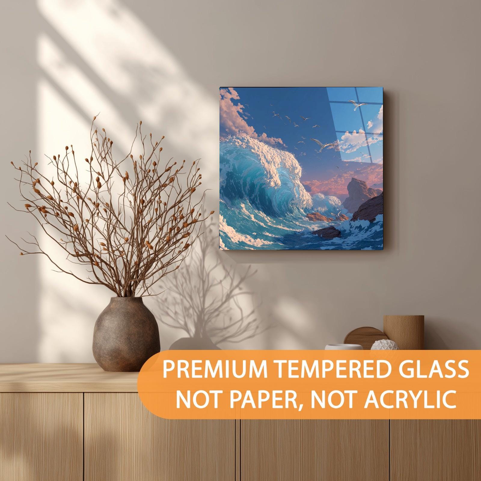 Tempered Glass Ocean Wave Wall Art | Coastal Seagulls Decor
