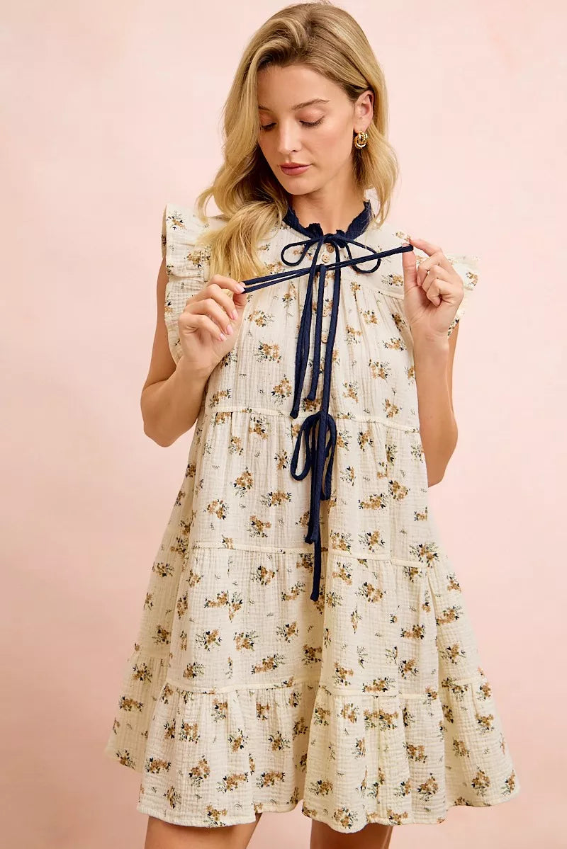 BiBi Floral Multi-tierd Dress With Ruffles And Front Tie