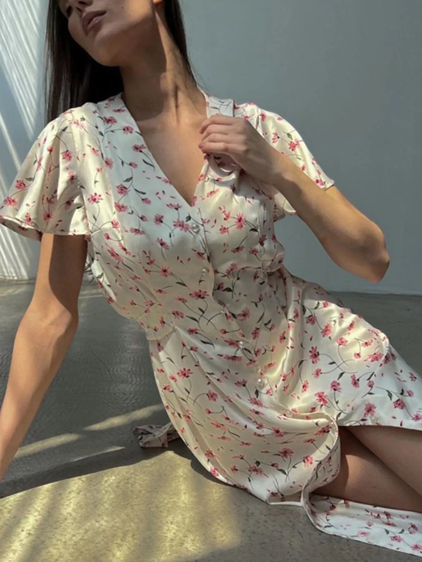 Floral Print V-Neck Flutter Sleeves Midi Dress