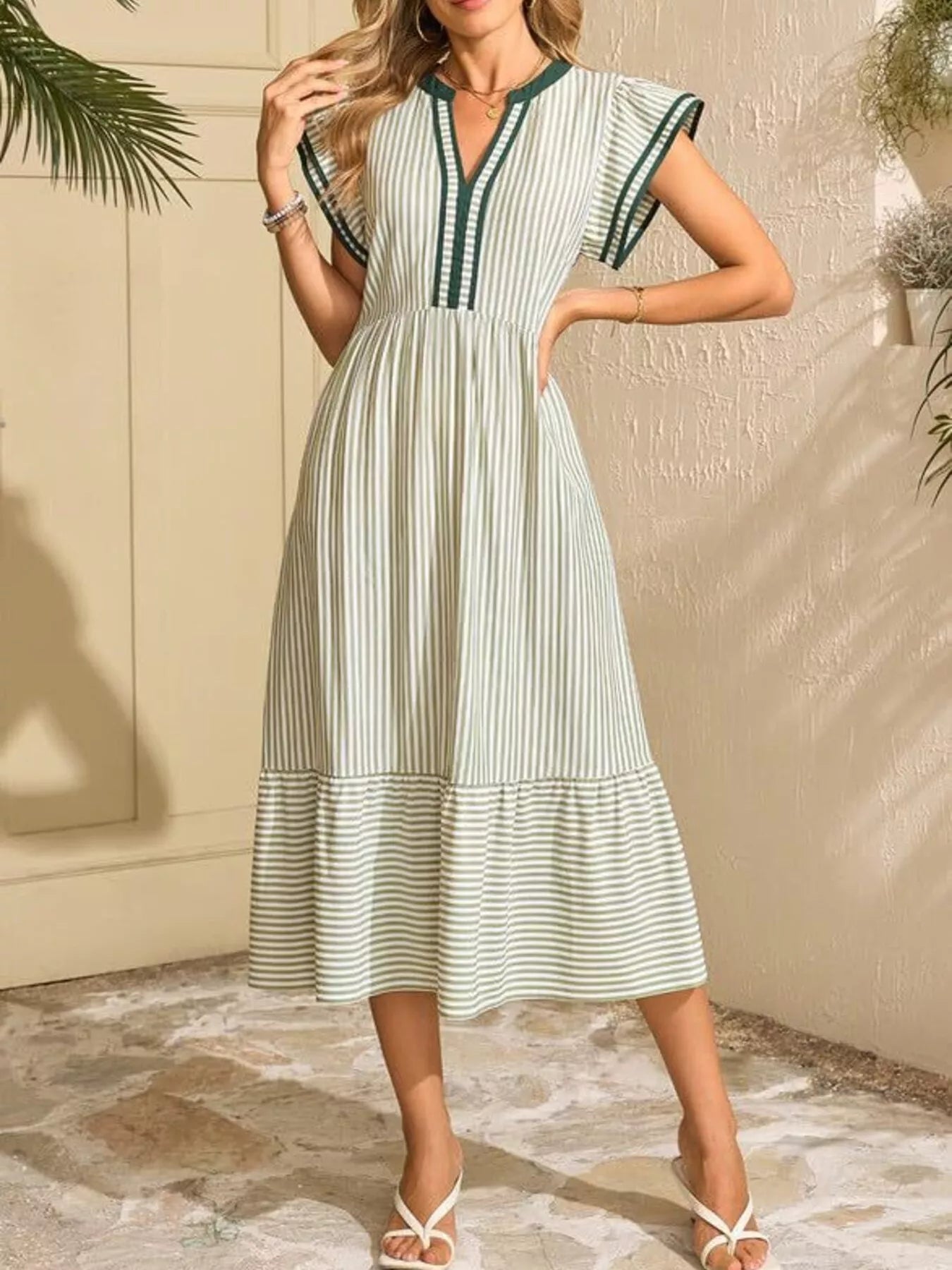 Striped Notched Ruffle Sleeve Dress