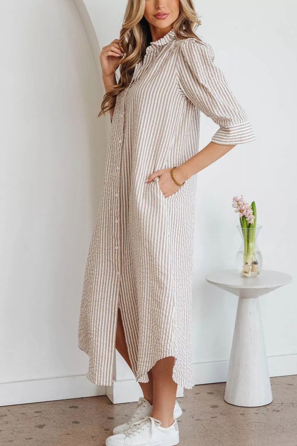 Stripe Frilled Collar Half Sleeve Shirt Dress