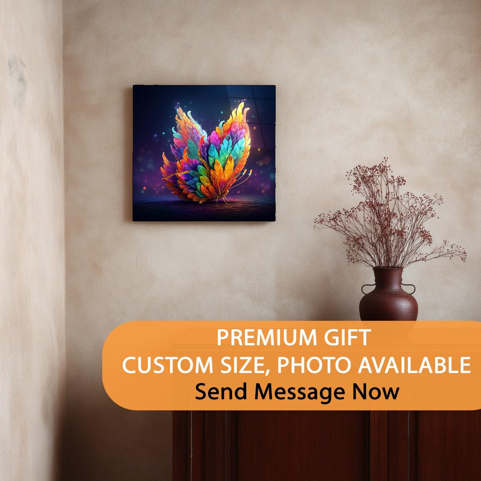 Feather Butterfly Tempered Glass Wall Art | Fantasy Office Decor