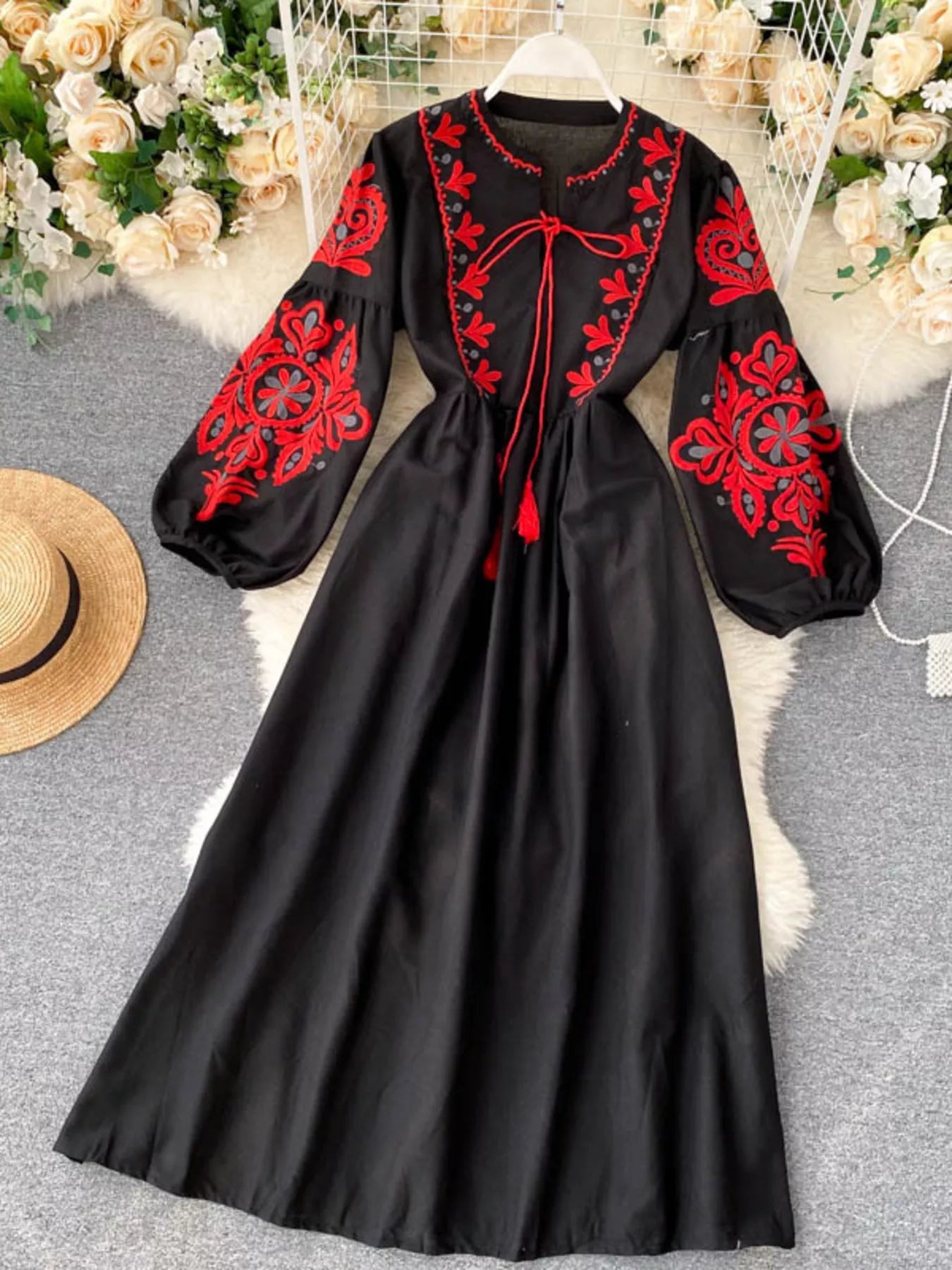 Embroidered Tie Neck Long Sleeve Dress