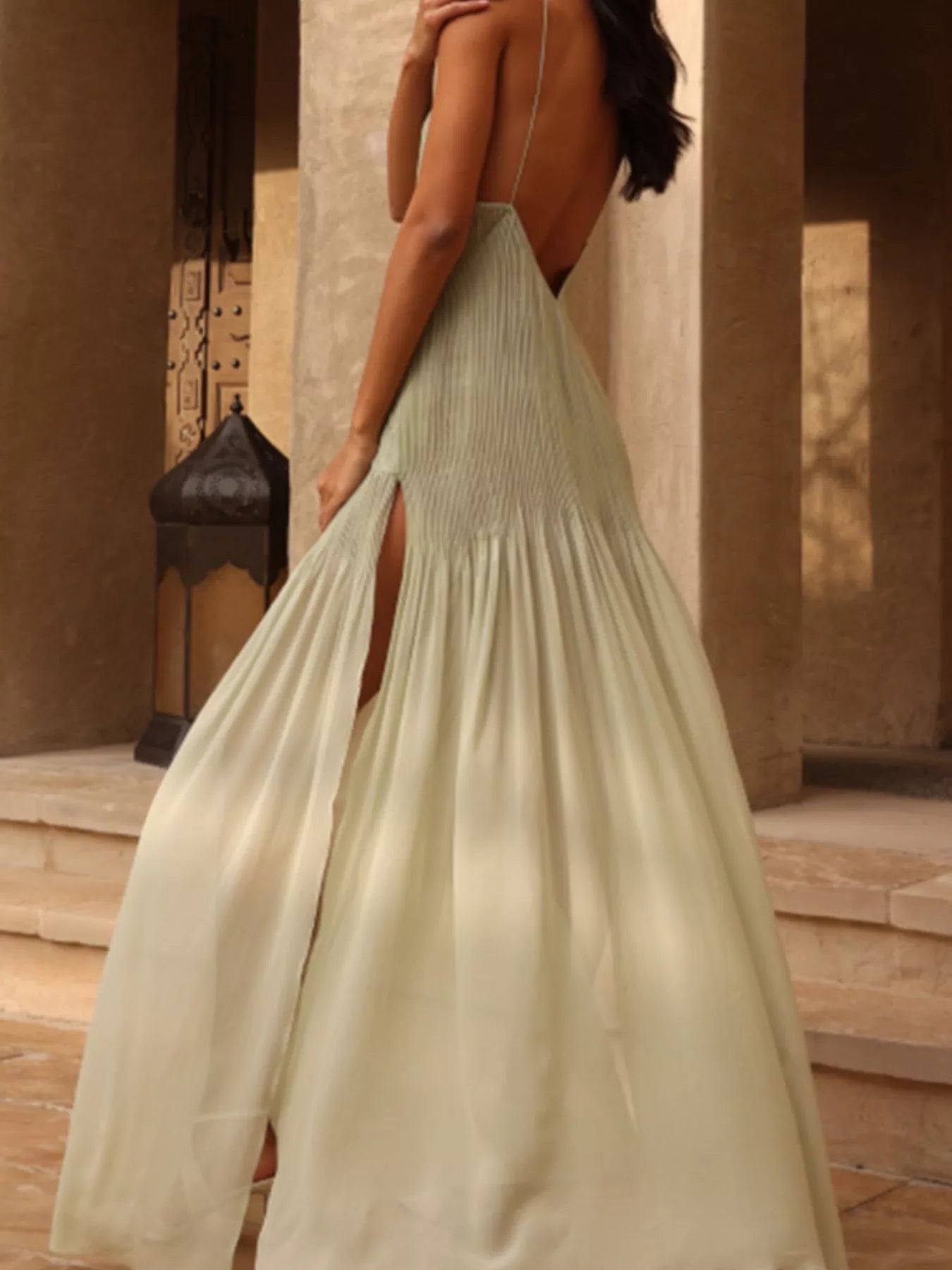 Elegant Pleated Sheer Maxi Cami Dress