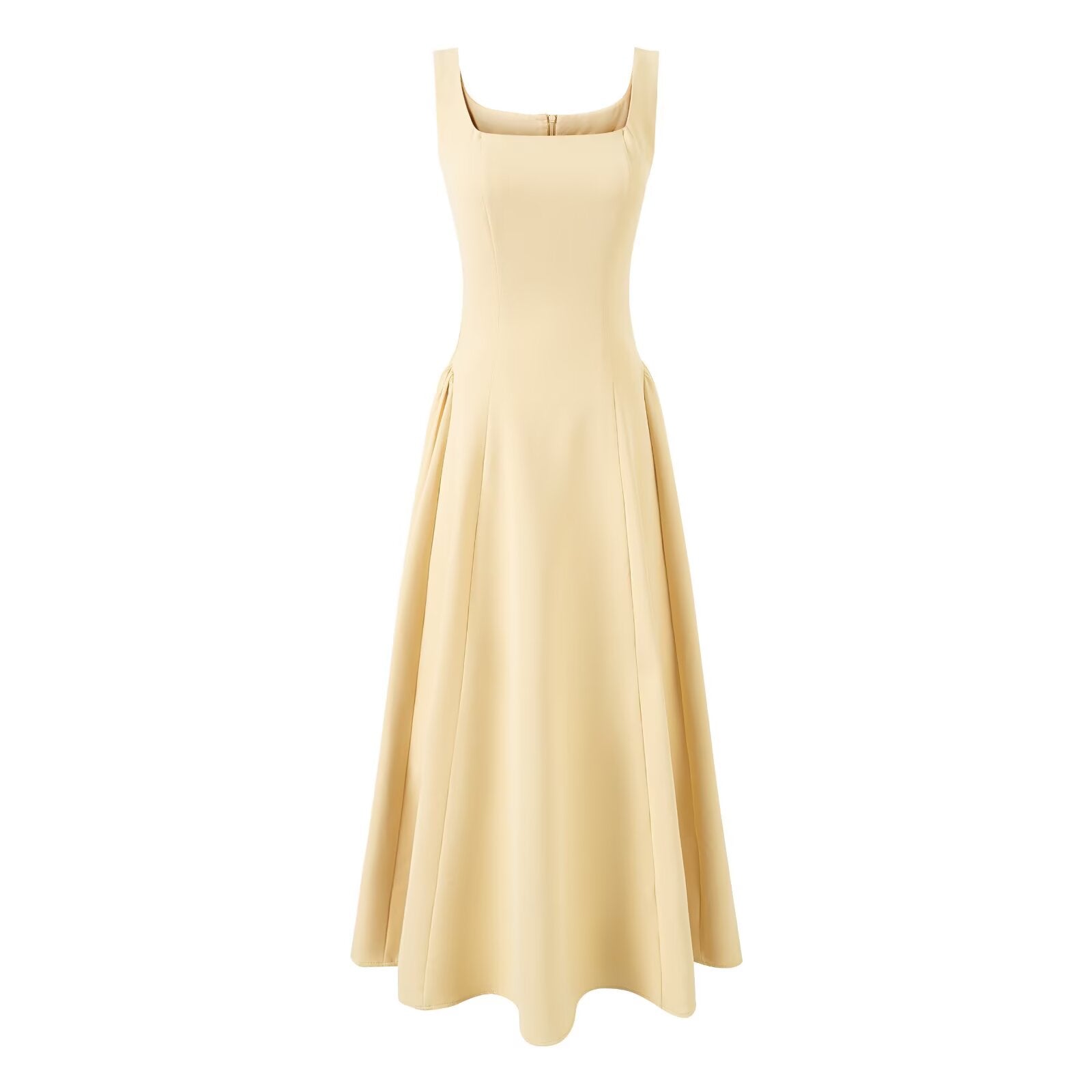 Yellow Square Collar Sling Dress Women Summer Slim Fit Tight Waist Pleated