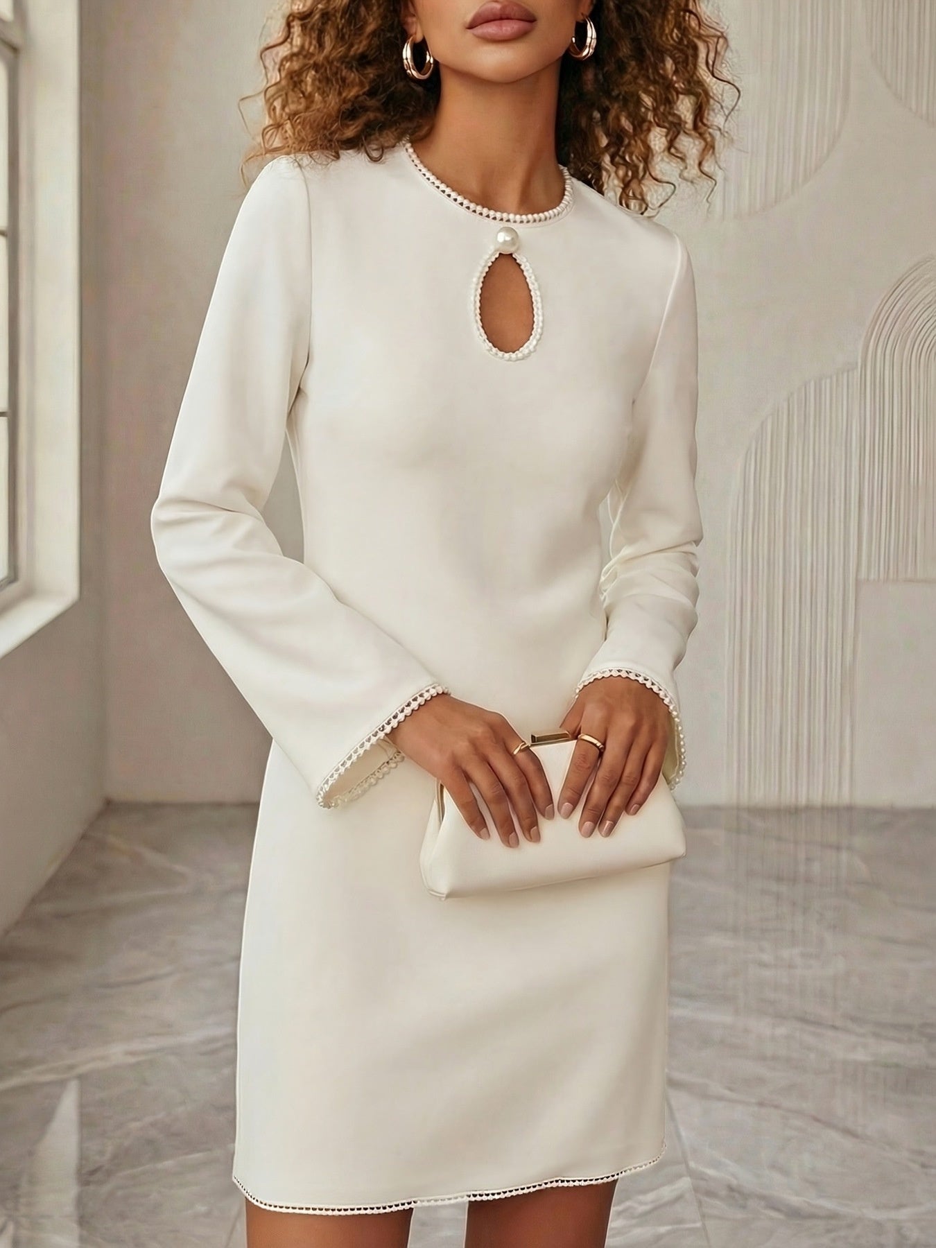 Keyhole Pearl Trim Mini Dress
