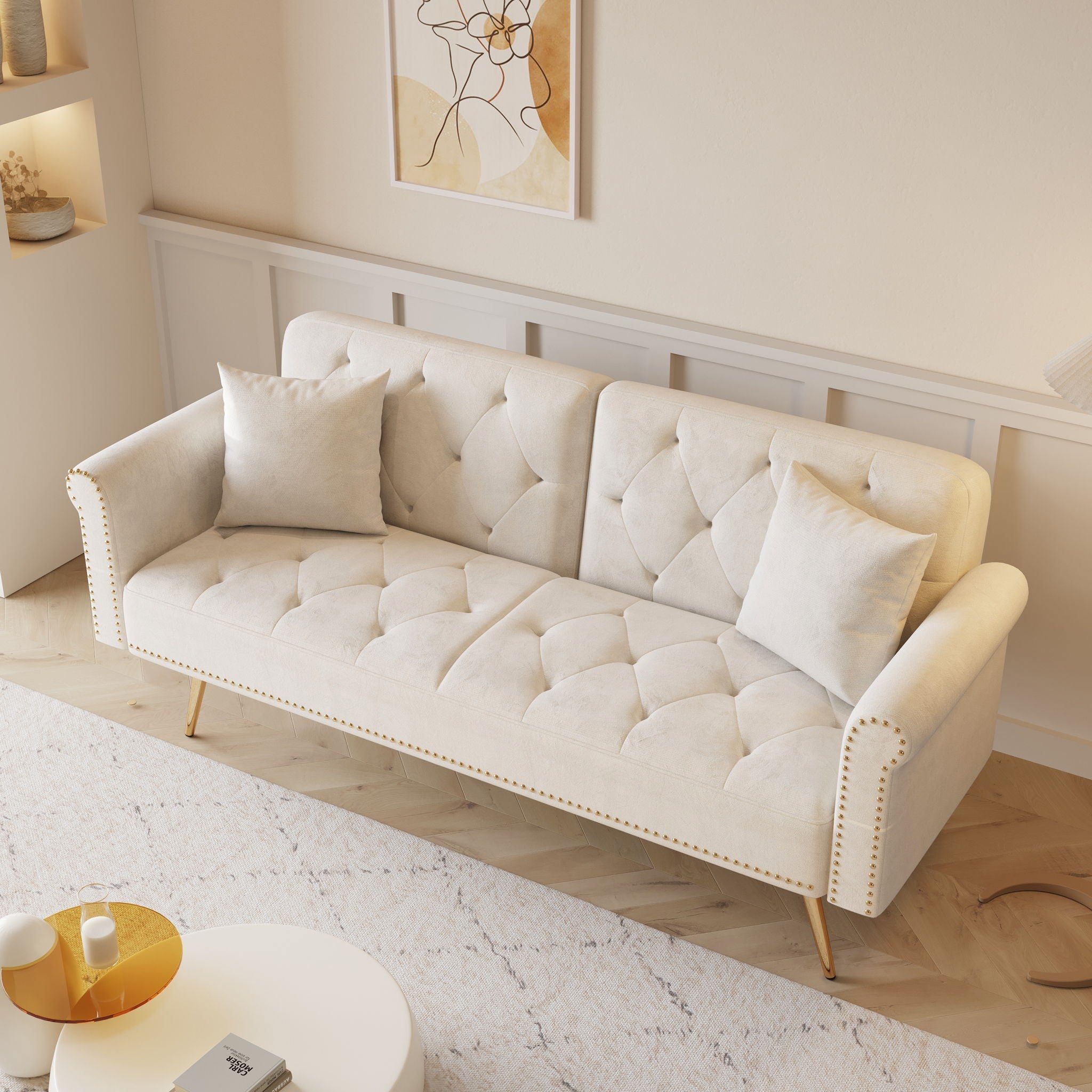 Luxurious Sofa Bed With Nail Head Trim And Matching Pillow