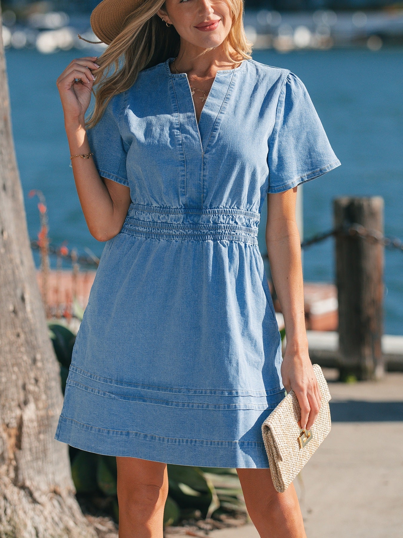 Notched Short Sleeve Denim Dress