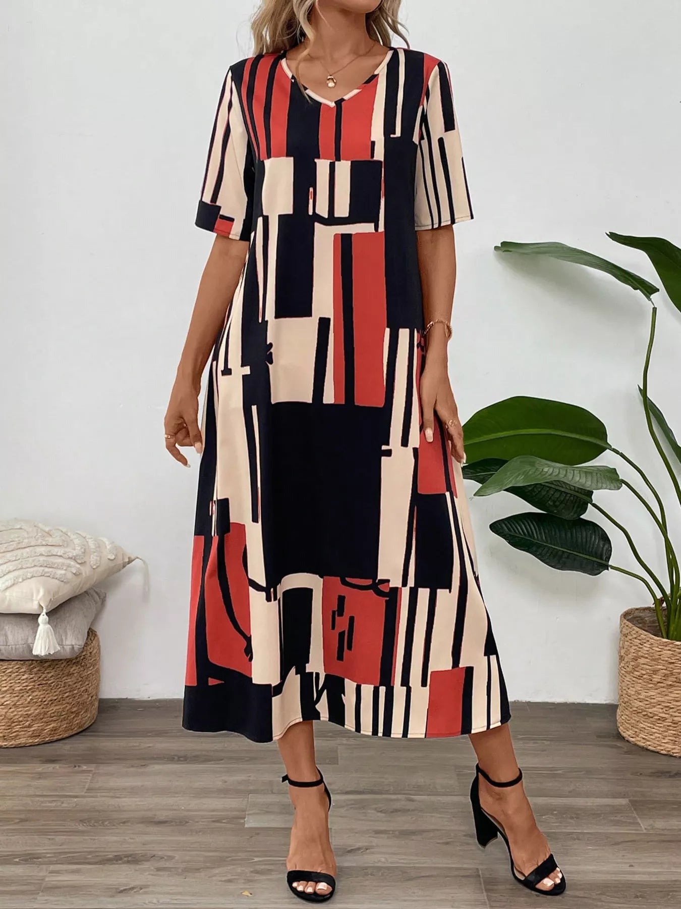 Abstract Geometric Print V-Neck Midi Dress