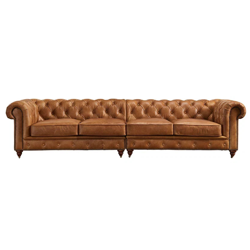 Century Chesterfield Sofa - Light Brown Leather - 118"