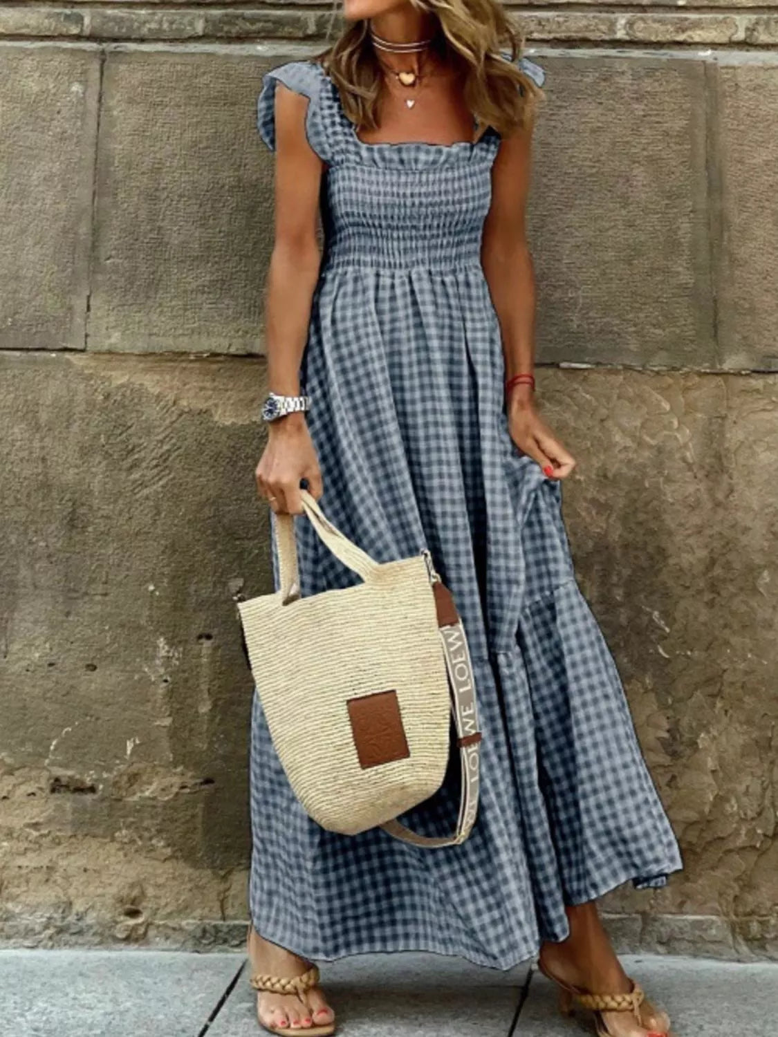 Full Size Gingham Smocked Ruffle Maxi Dress Plus Size
