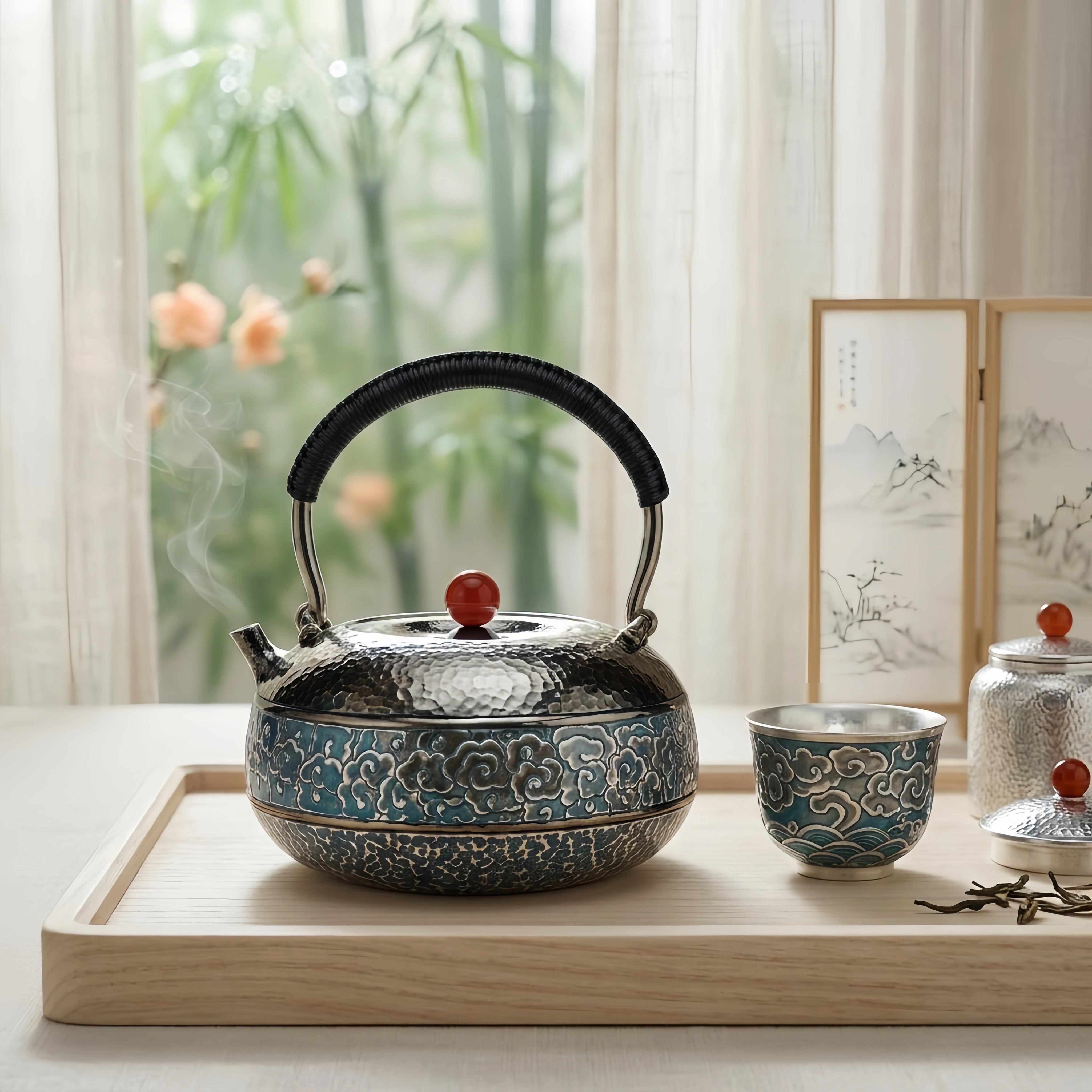 925 Sterling Silver Handcrafted Hammered  Teapot with Blue Cloud Motif-Fine large teapot - Handicraft