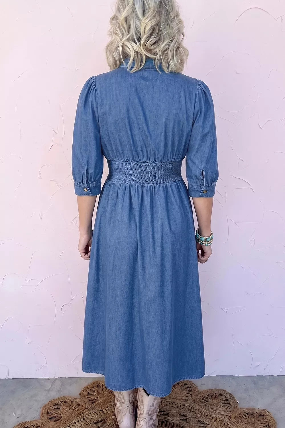 V Neck Shirred Waist Metal Zipper Denim Midi Dress
