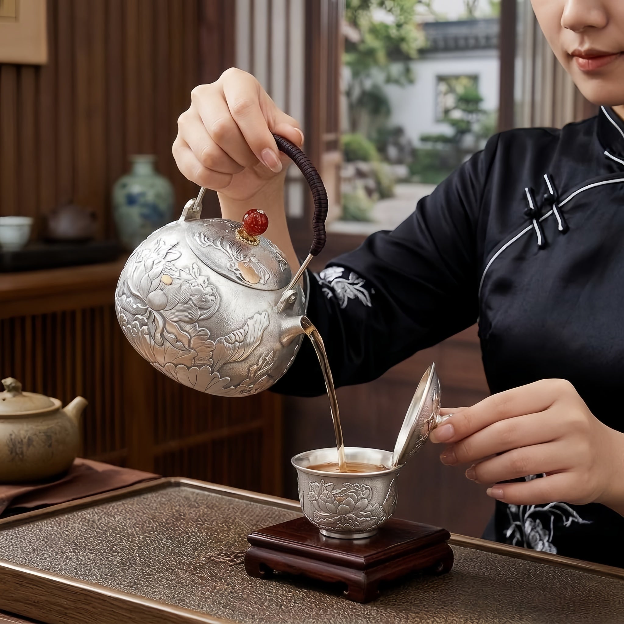 Pure 999 Fine Silver Exquisite Hand-Engraved Silver Teapot with Intricate Lotus Relief and Red Finial - Handicraft