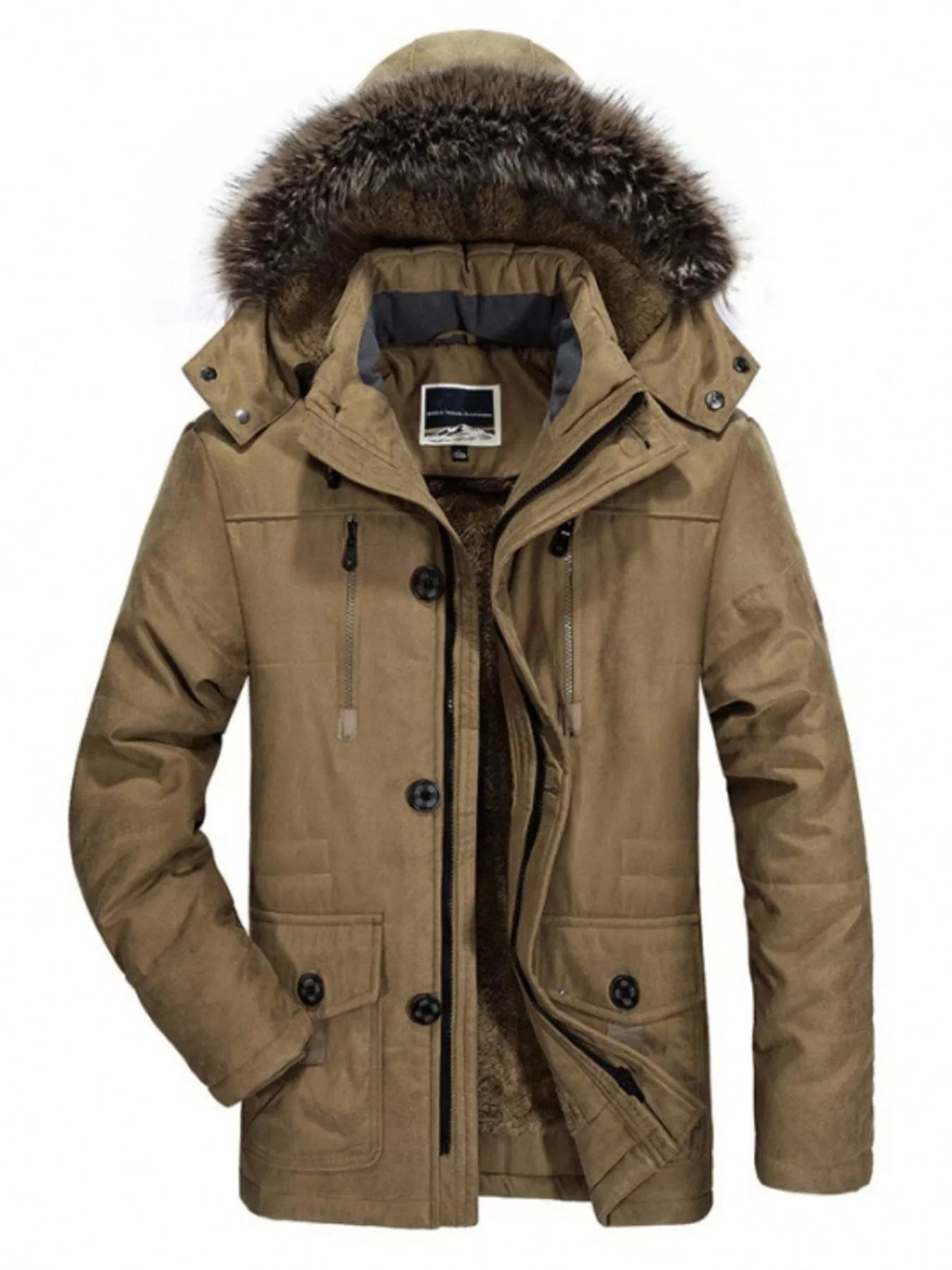 Men's Plus Size Fuzzy Hooded Zip Up Parka Coat