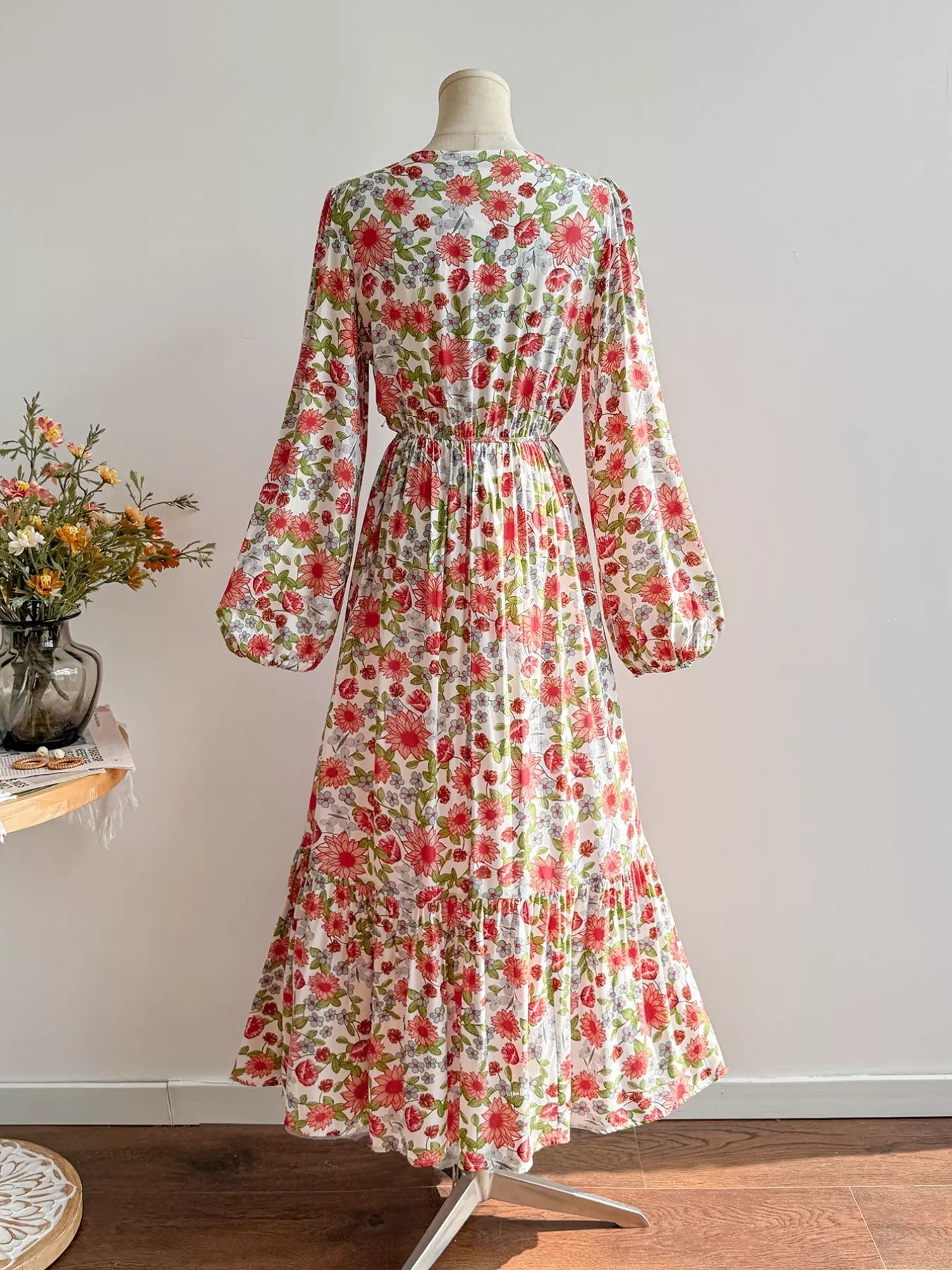 Floral Print V-Neck Bohemian Midi Dress