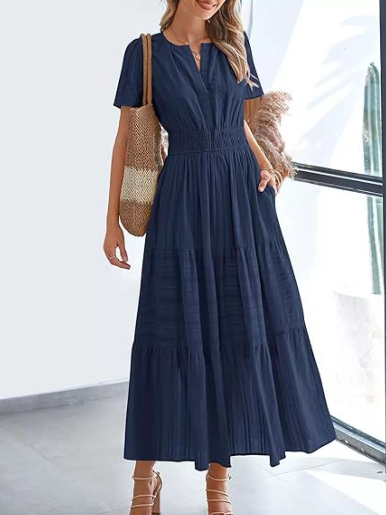 Full Size Short Sleeve Tiered Midi Dress Plus Size
