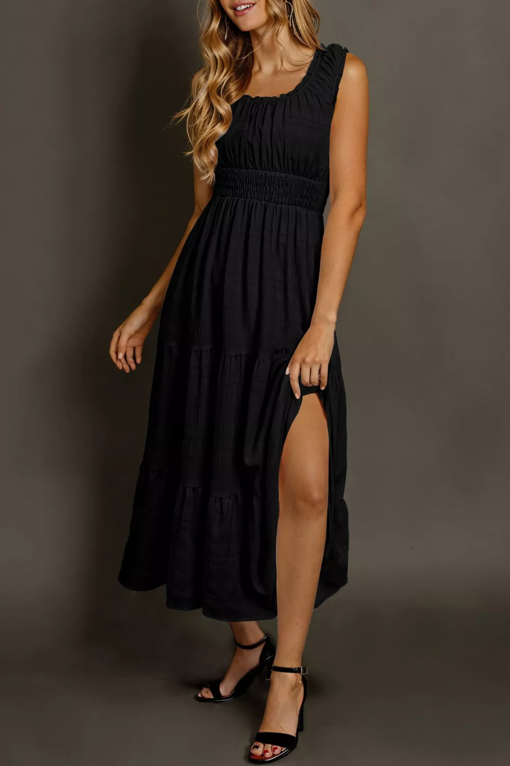 Sleeveless Smocked Tiered Dress with Pockets