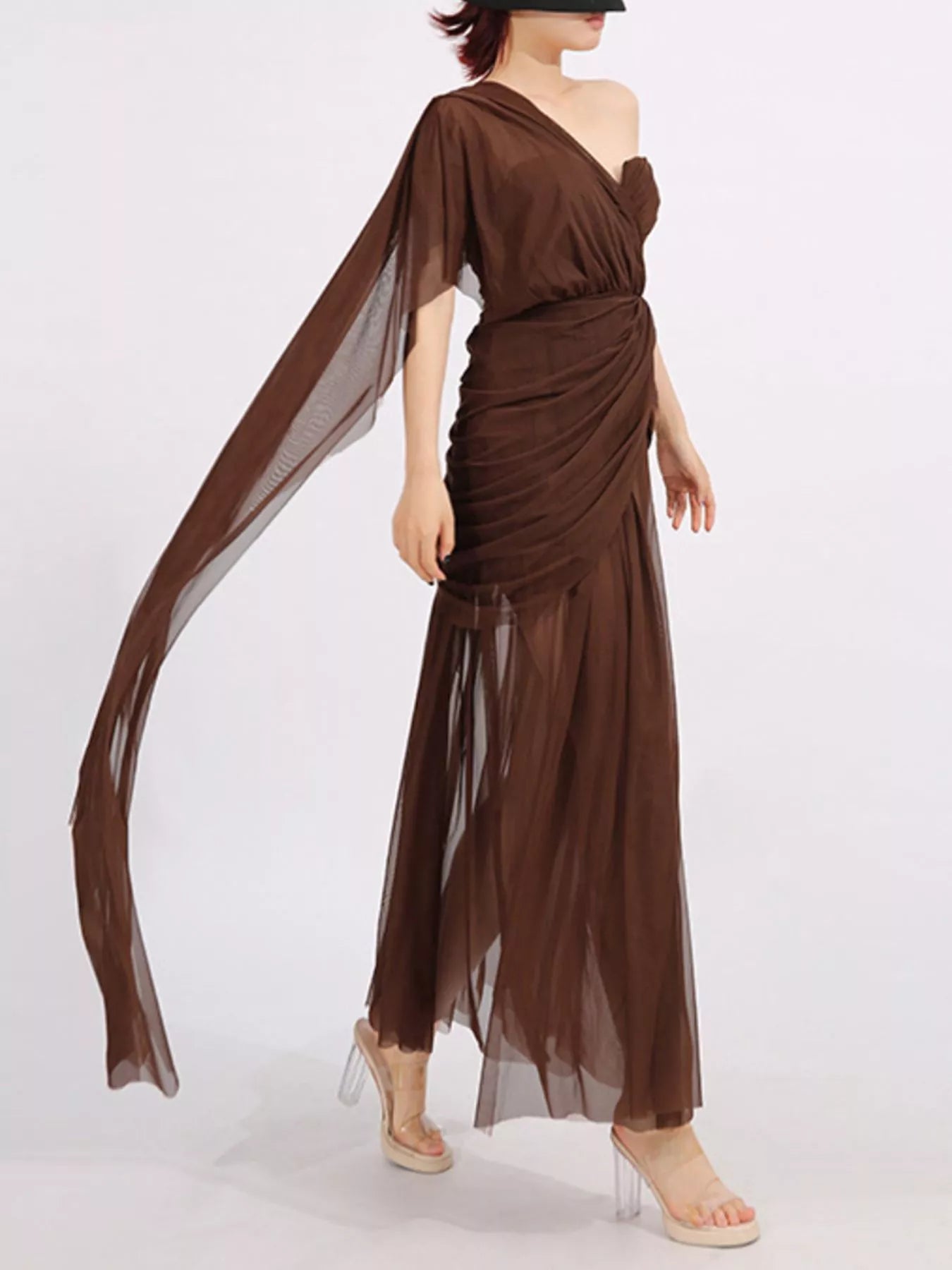 One-Shoulder Flowy Mesh Dress