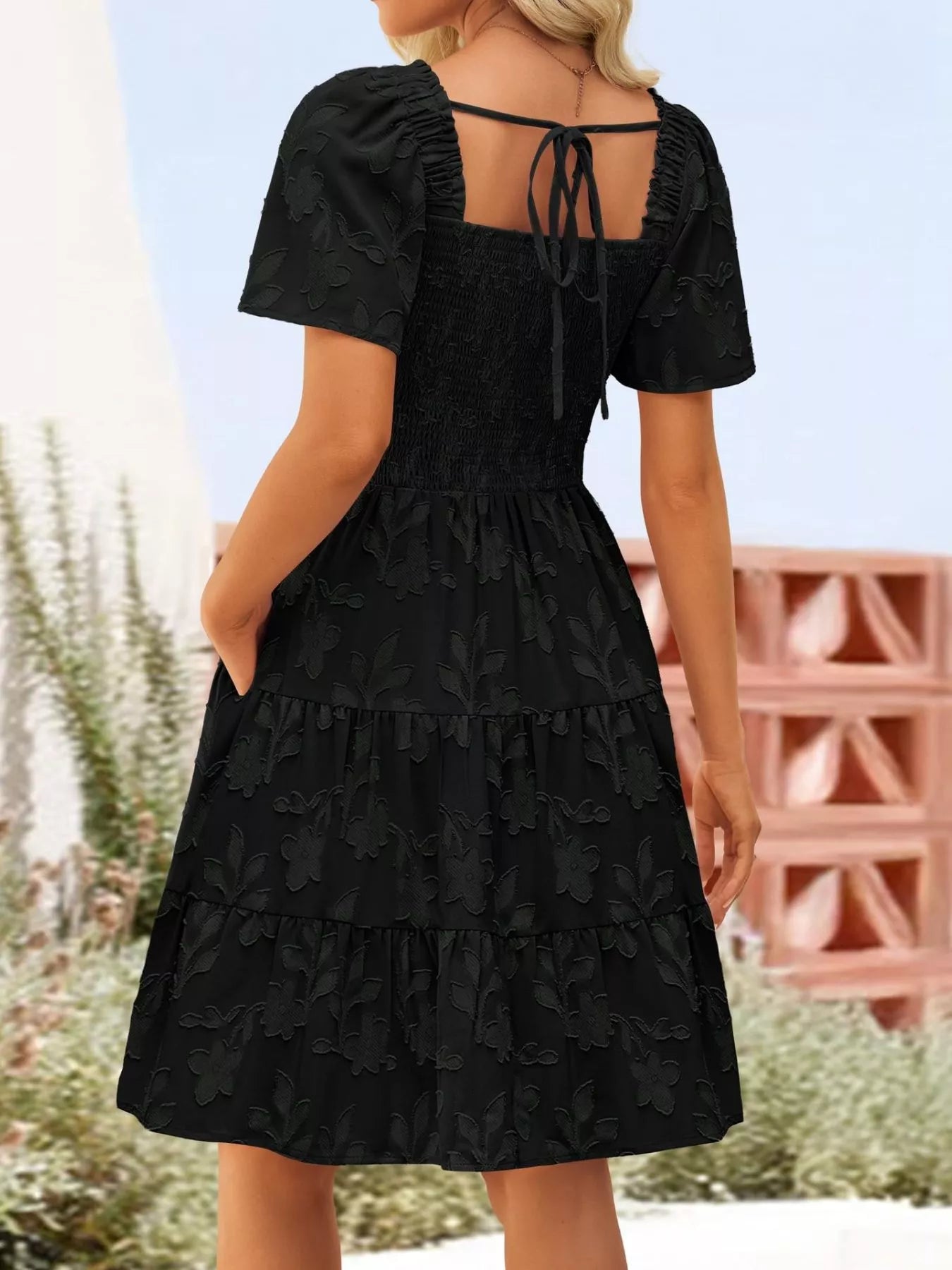 Smocked Square Neck Tiered Mini Dress