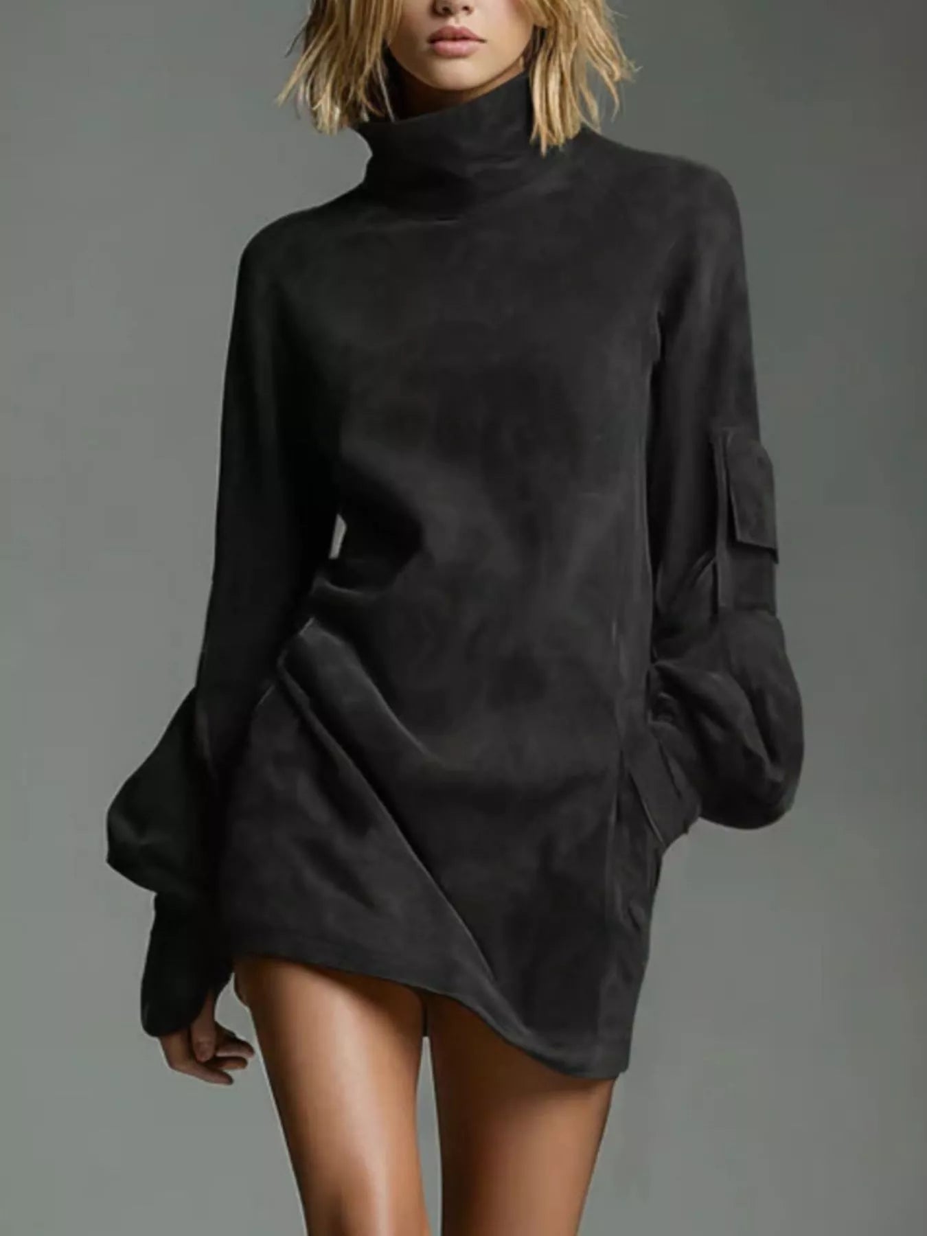 Full Size Suede Turtleneck Lantern Sleeve Mini Dress Plus Size