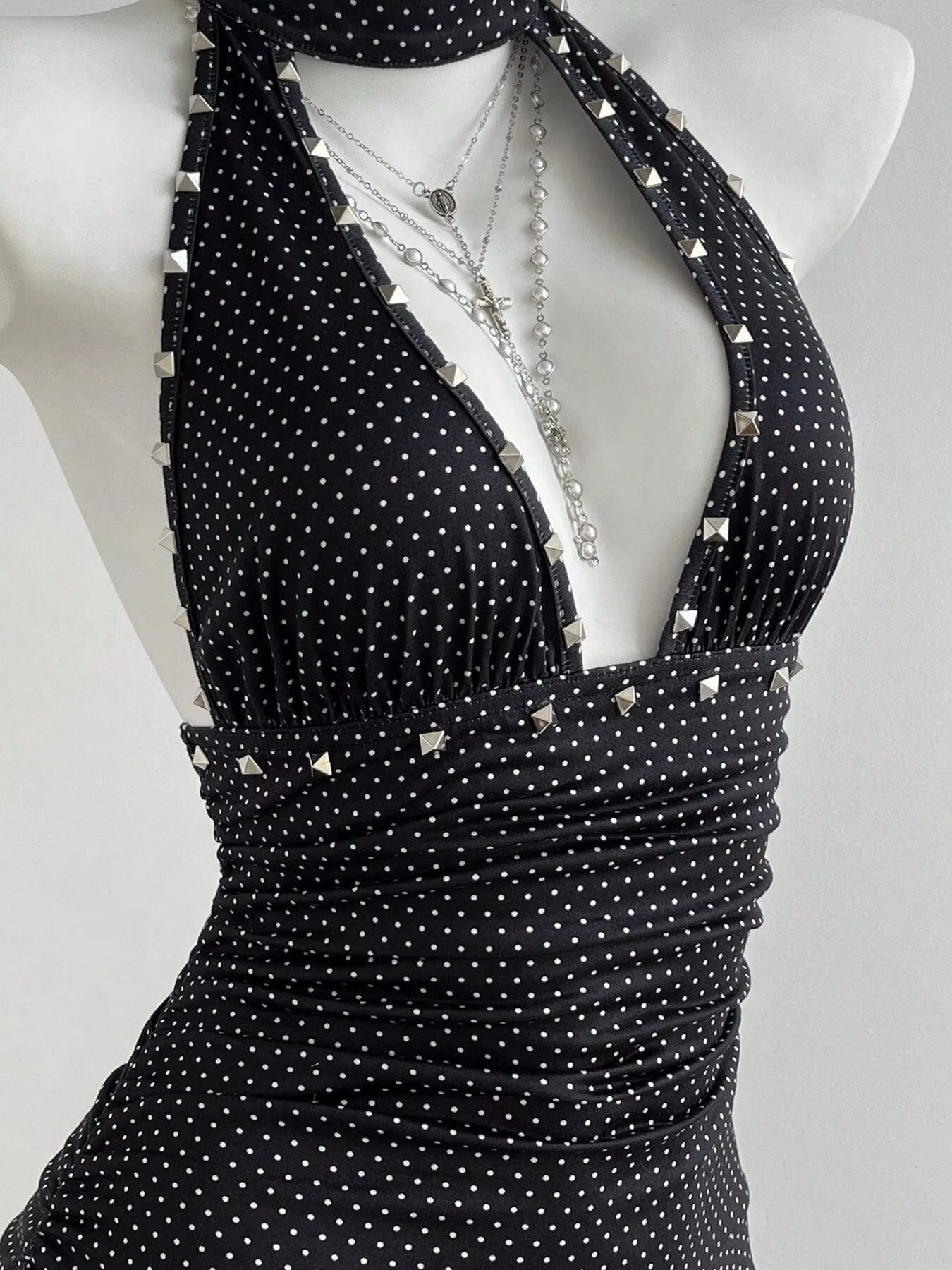 Polka Dot Cutout Front Halter Neck Dress